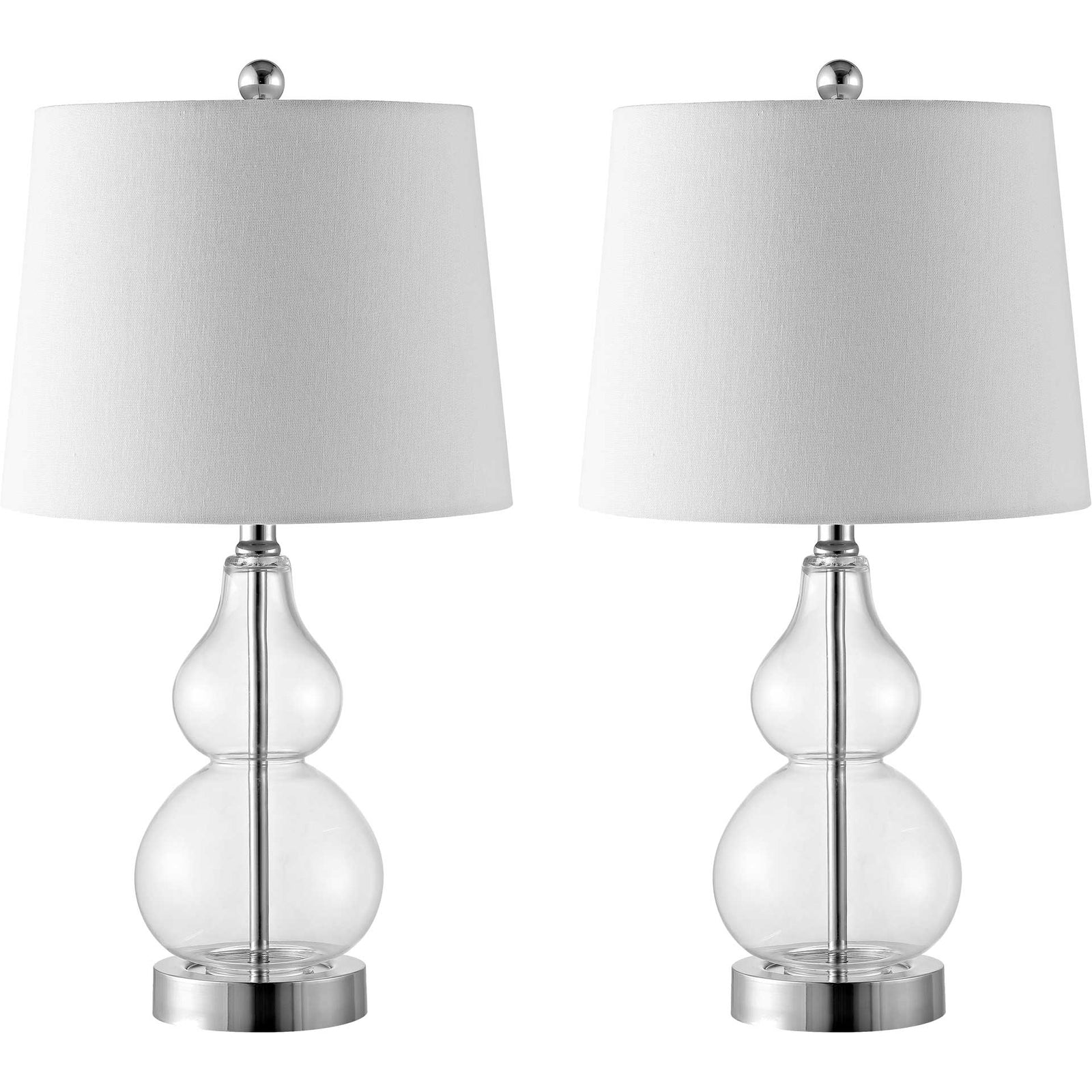 A pair of clear glass lamps combines rounded bases with tapered white fabric shades. || TBL4222A-SET2 || front_multi_studio
