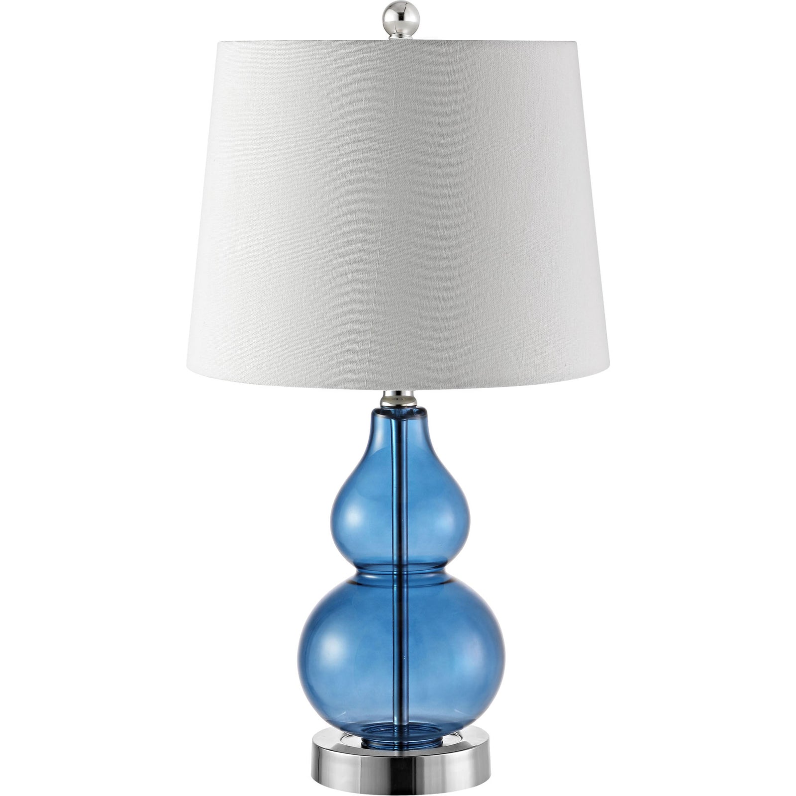 Blue glass table lamp with a double-gourd base, chrome accents, and a textured white shade. || TBL4222B-SET2 || front_studio
