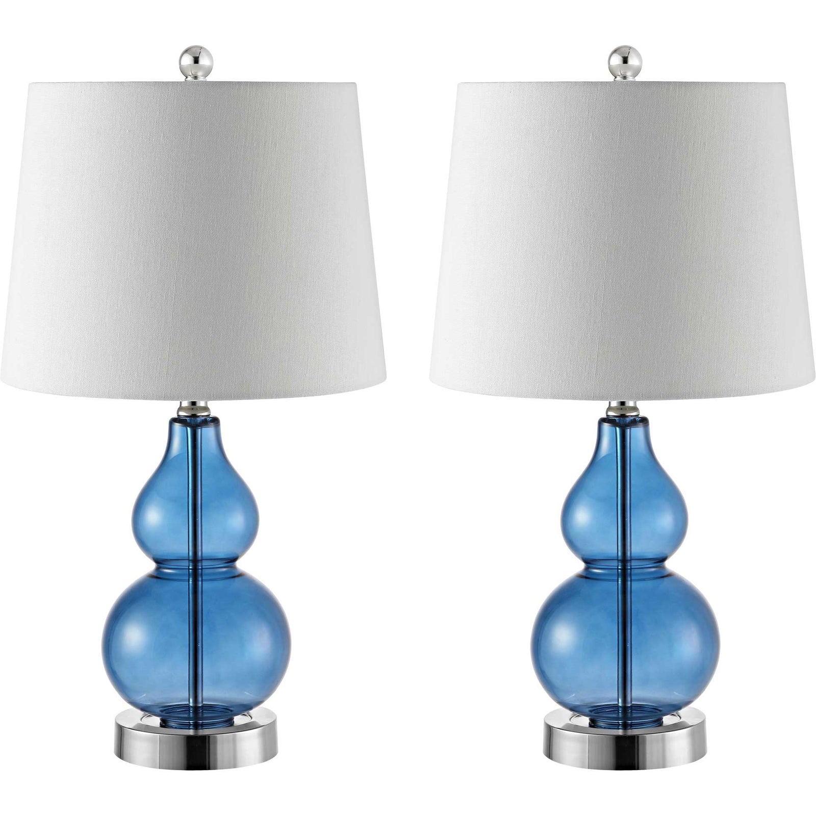 Two matching blue glass lamps pair rounded bases with tapered white shades. || TBL4222B-SET2 || front_multi_studio