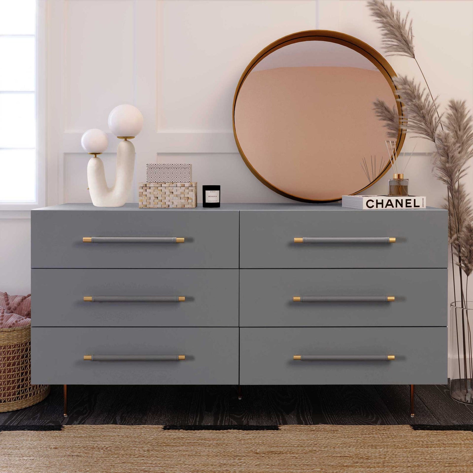 Trey 6 Drawer Dresser Gray/Brass