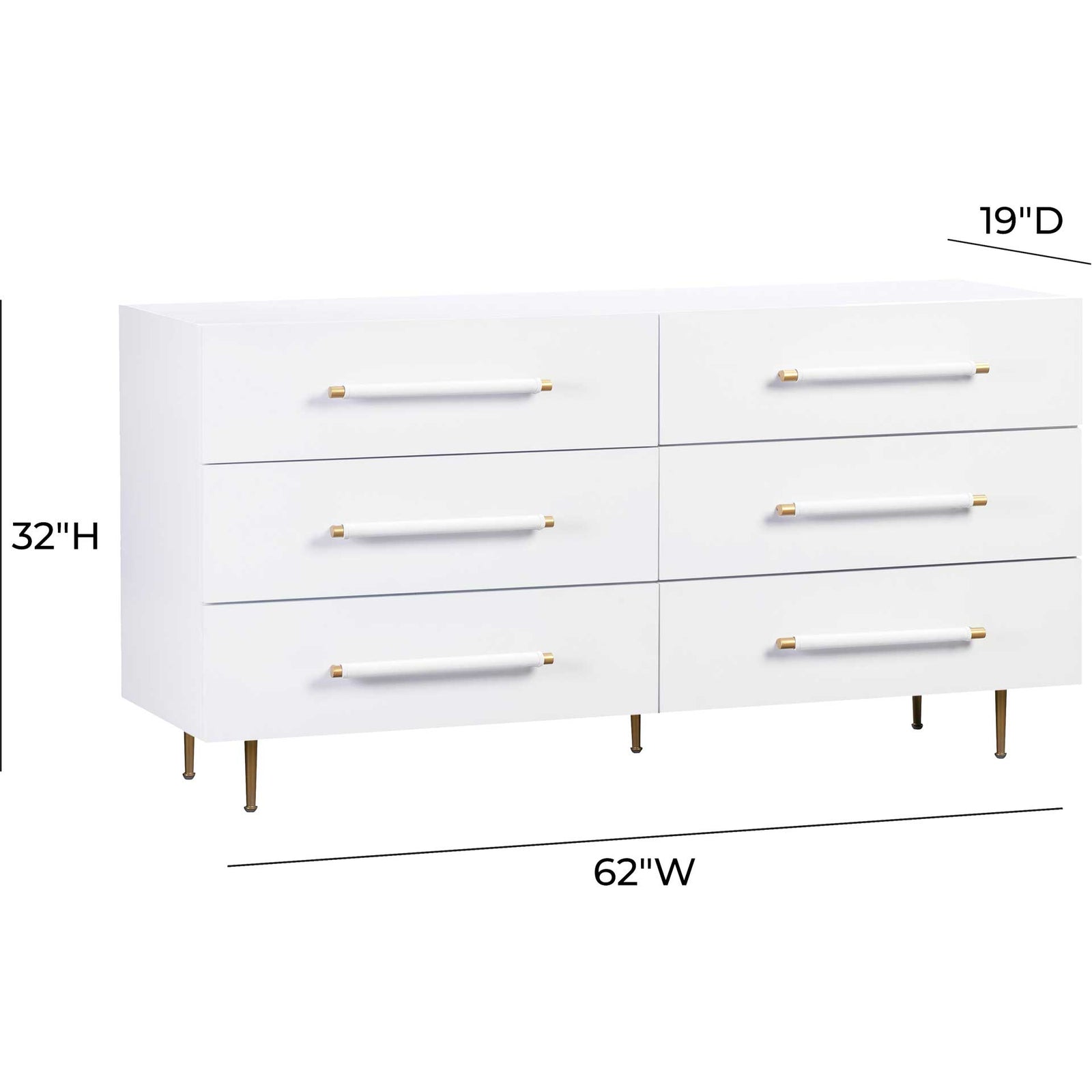 Trey 6 Drawer Dresser White/Brass