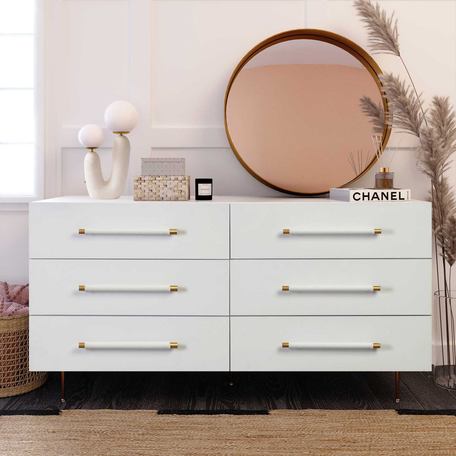 Trey 6 Drawer Dresser White/Brass