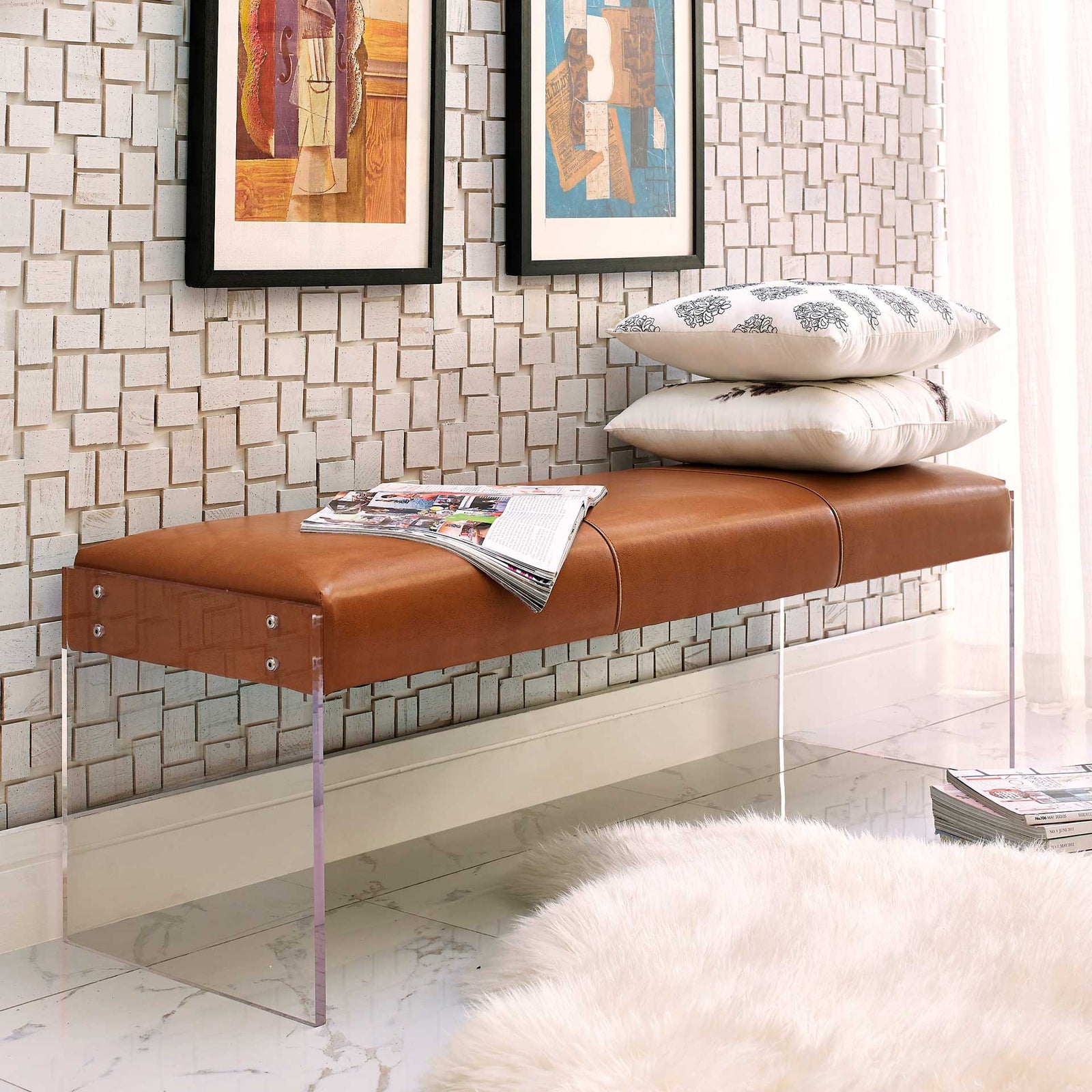 Enrica Leather/Acrylic Bench Brown