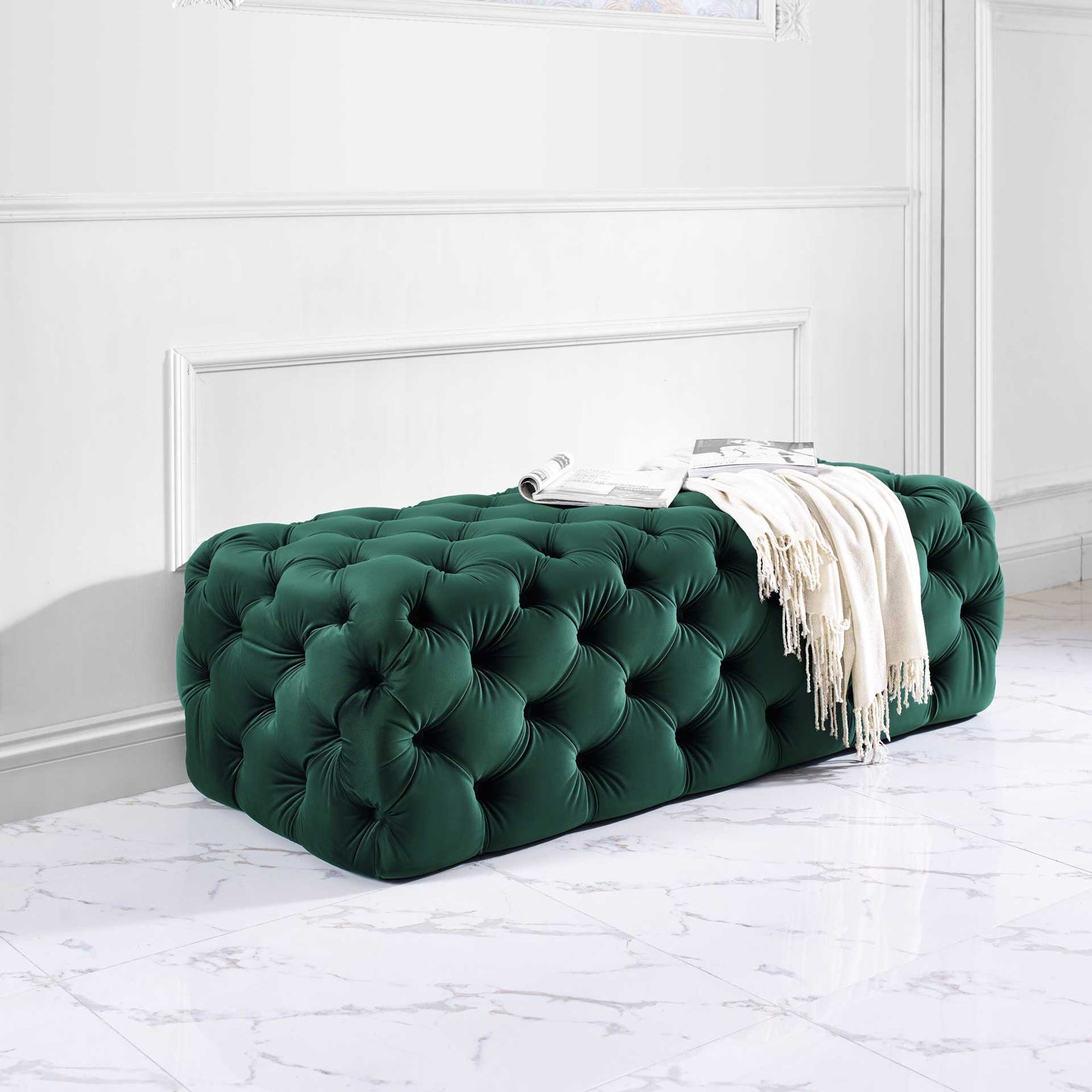 Kalel Velvet Ottoman Green