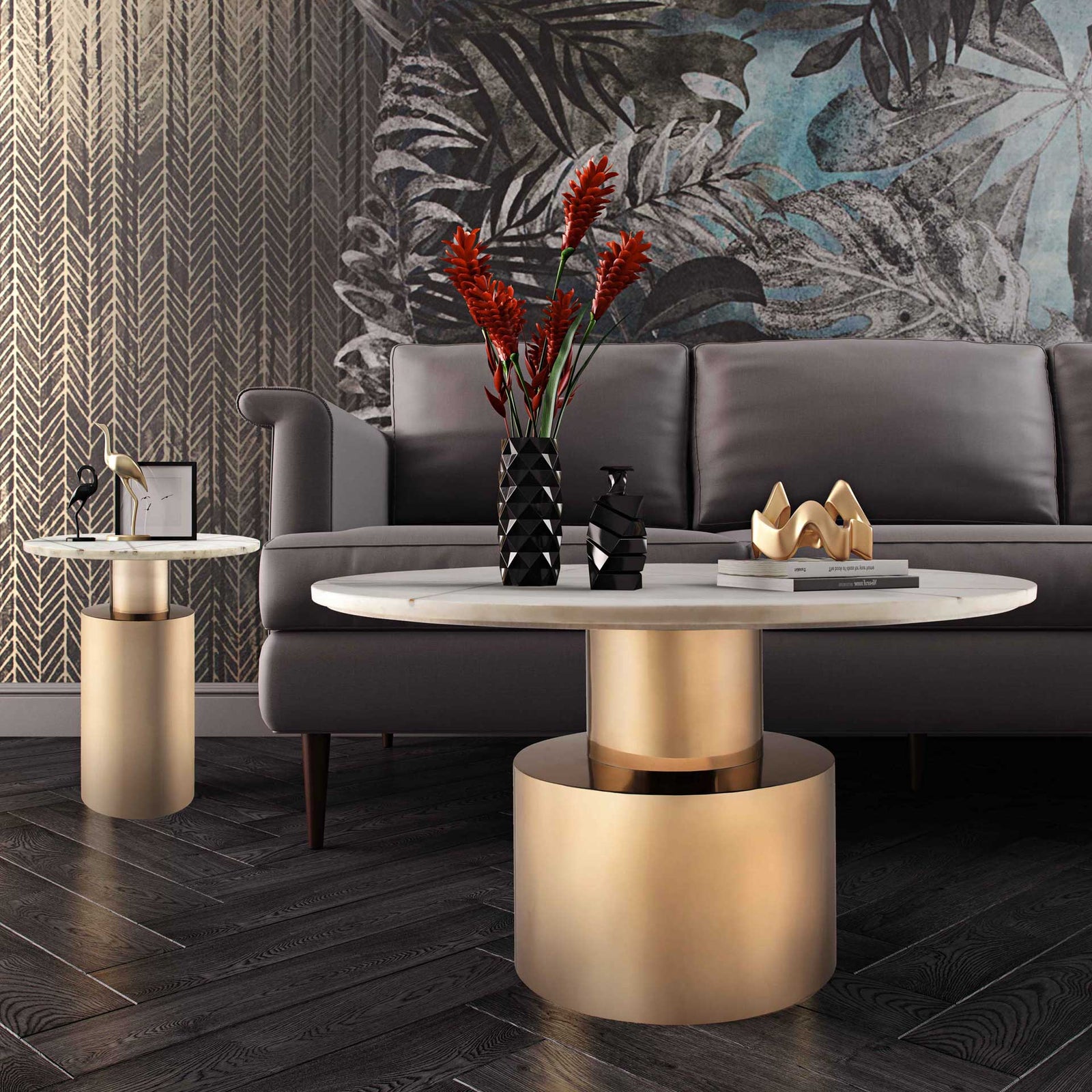 Terrence Marble Side Table Brass/White