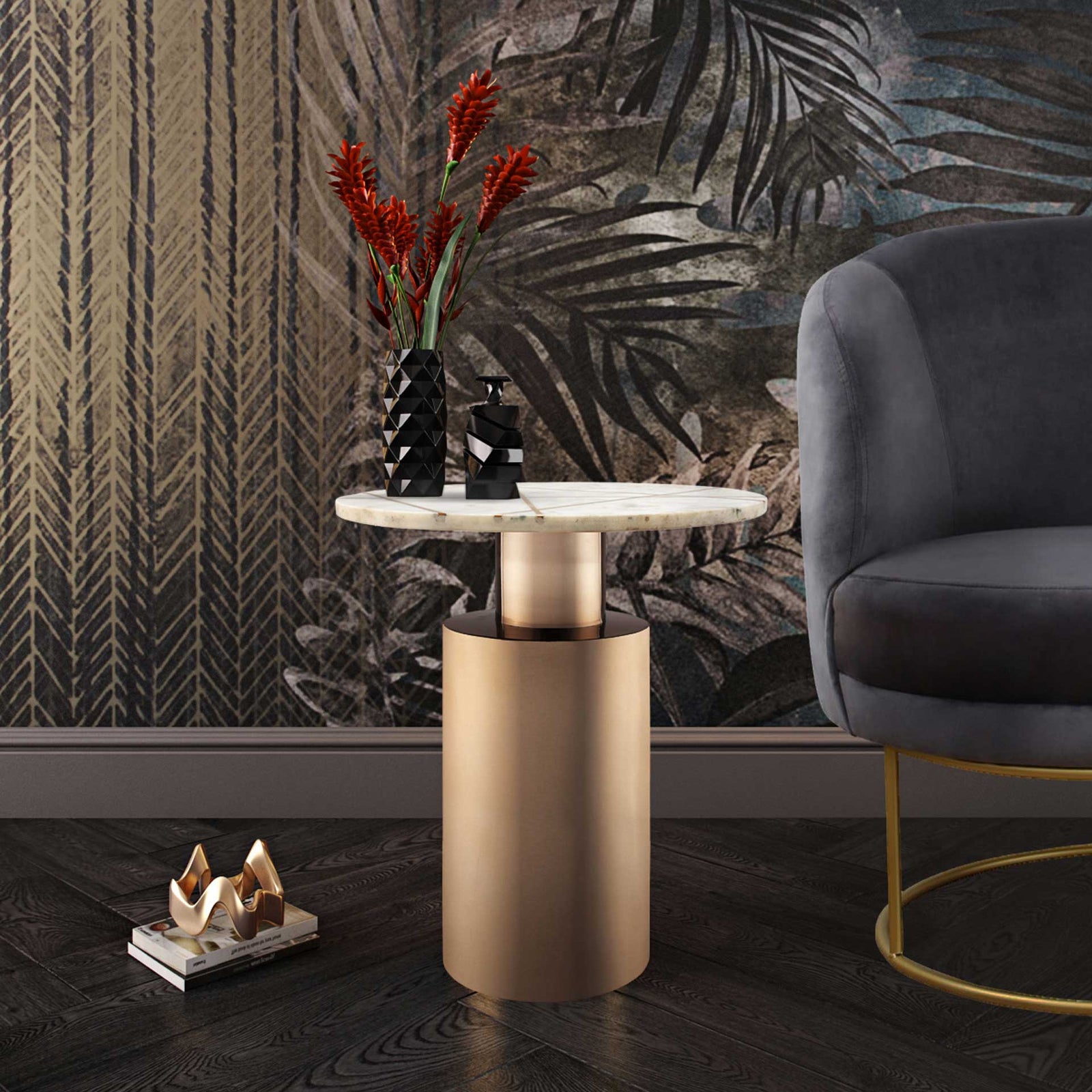 Terrence Marble Side Table Brass/White