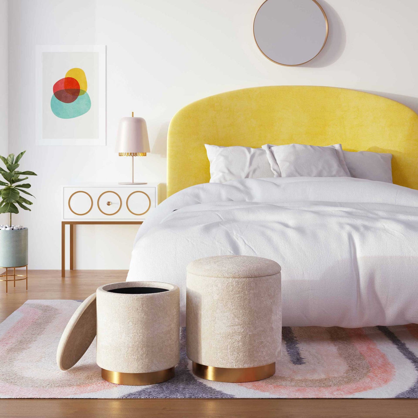 Teangi Faux Sheepskin Storage Ottomans Off-White