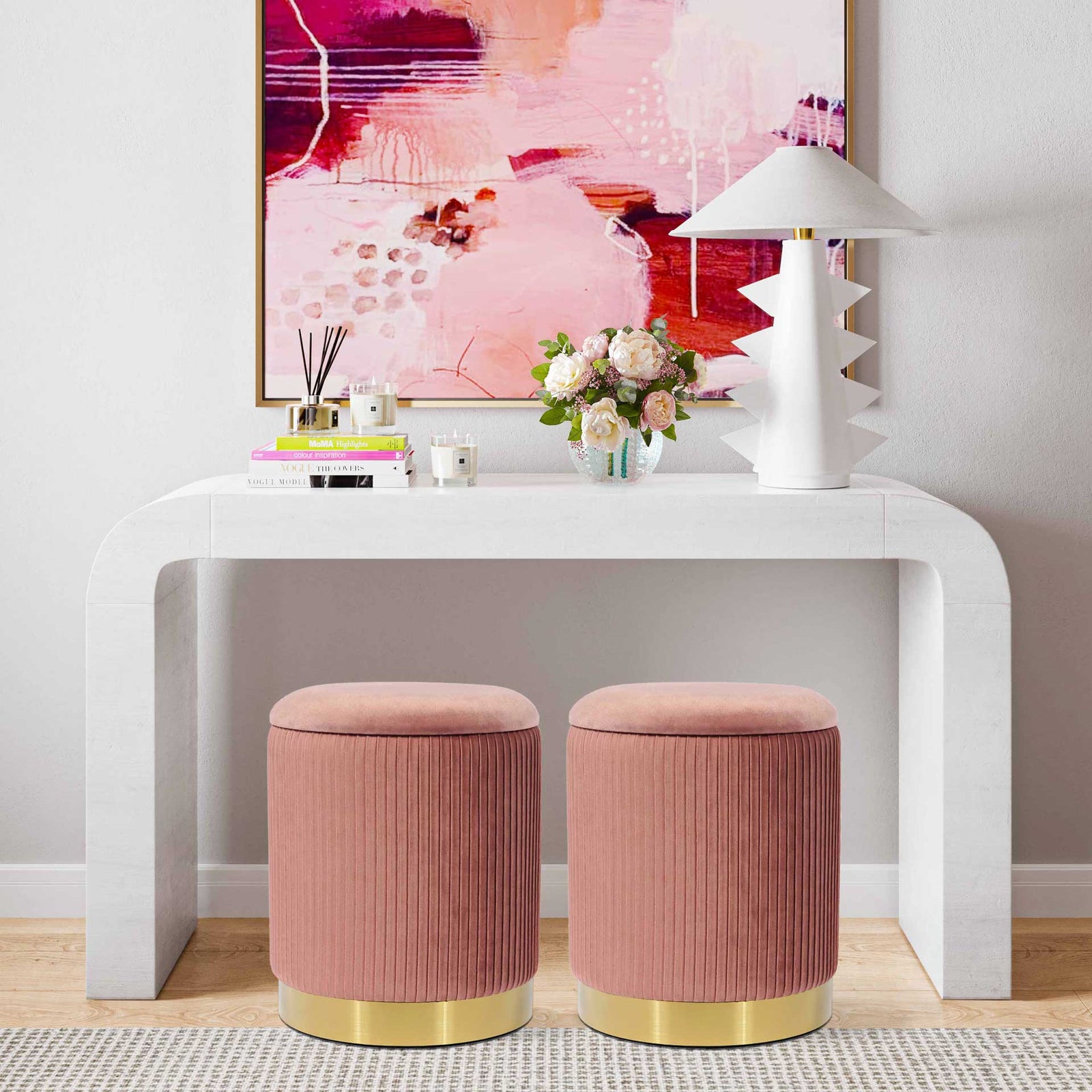 Zorn Velvet Storage Ottoman Blush