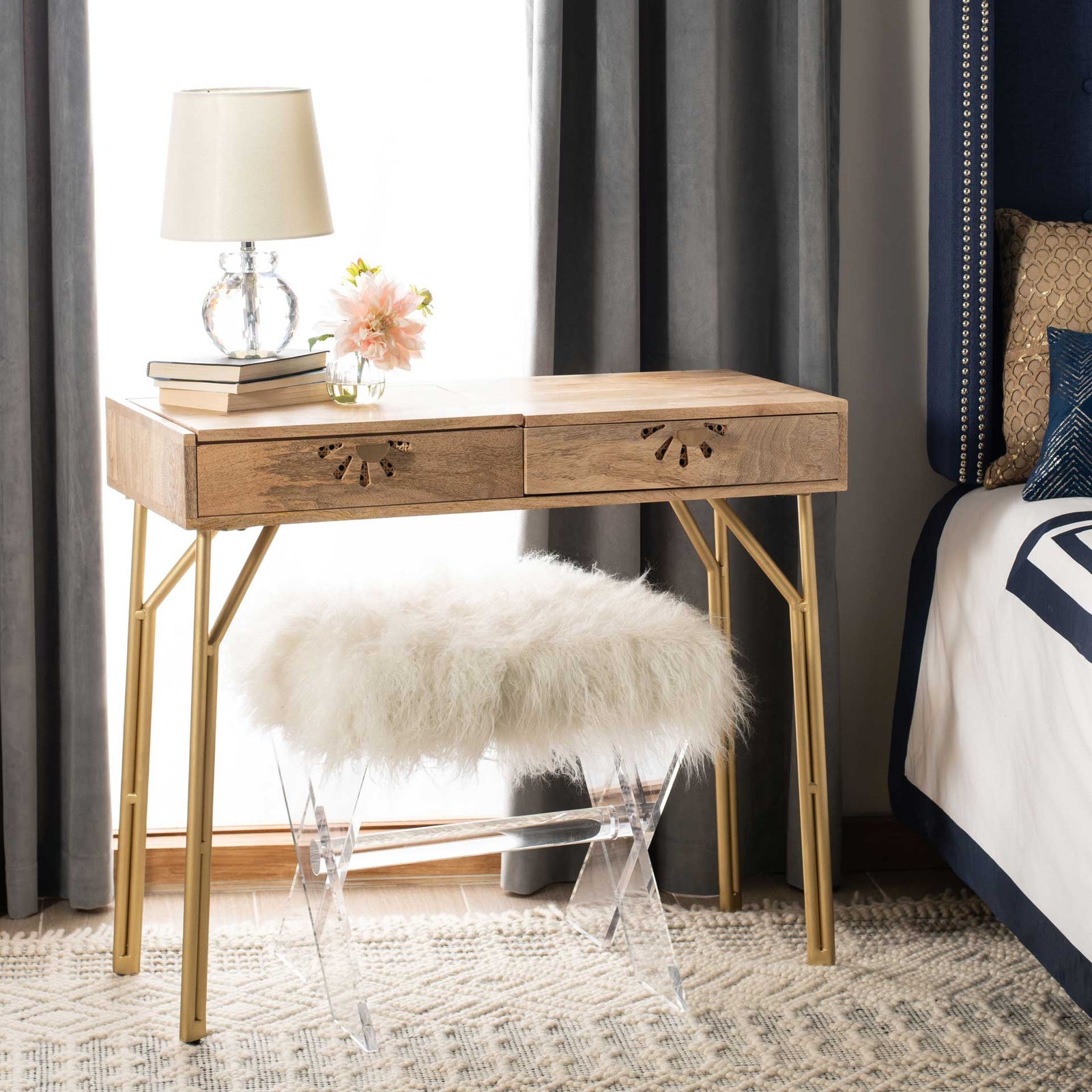 Lian 2 Drawer Vanity With Mirror Natural/Brass