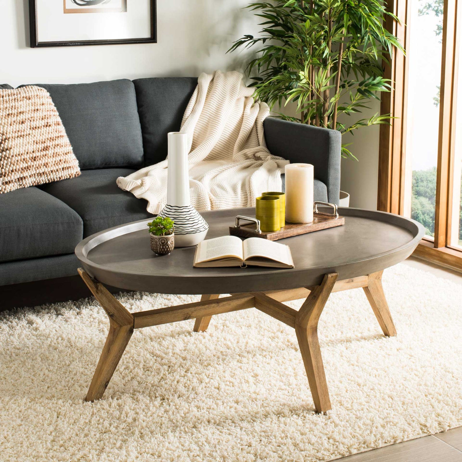 Hagan Modern Concrete Oval Coffee Table Dark Gray