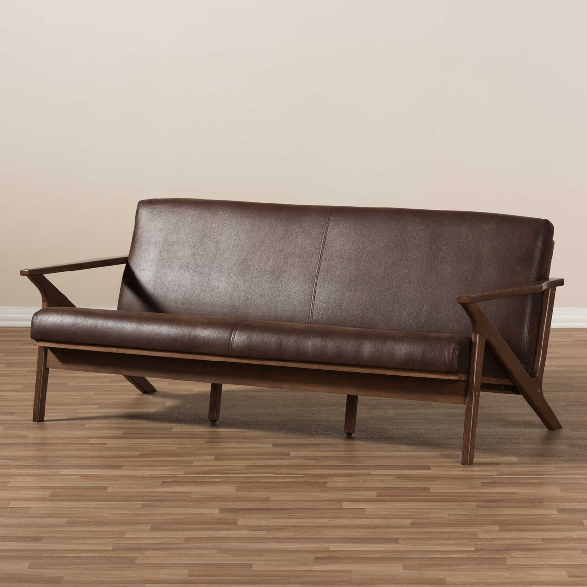 Birdie Distressed Faux Leather Sofa Dark Brown/Walnut