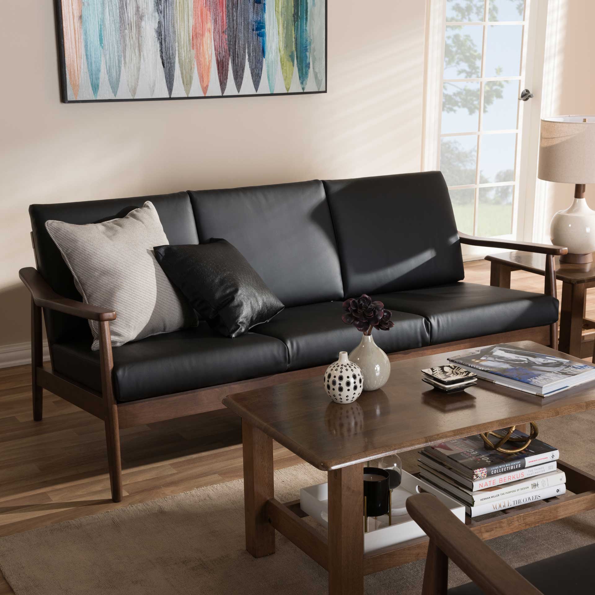 Vega Faux Leather Sofa Black/Walnut