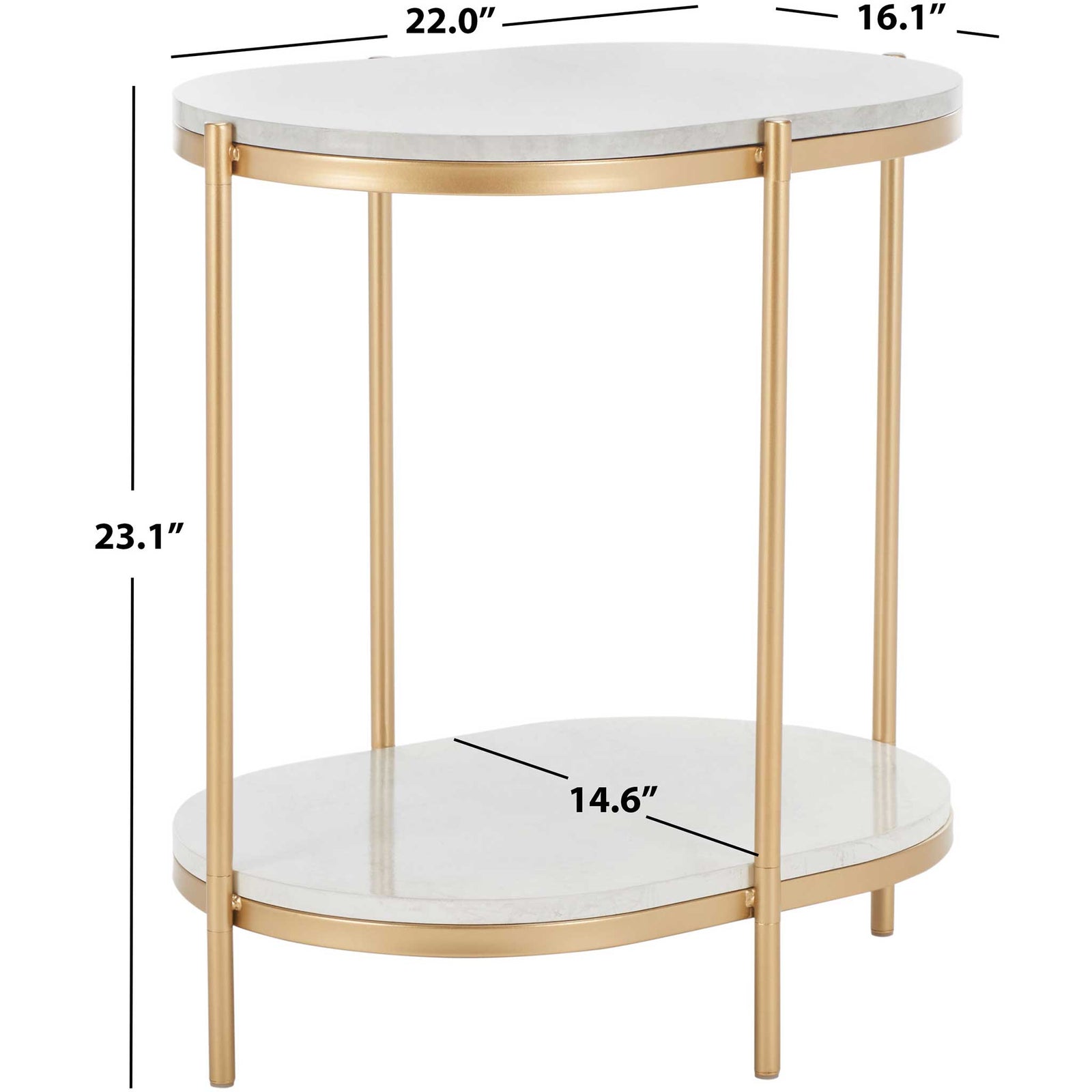 Elegant two-tier end table offering display and storage with faux marble shelves and a gold frame. || ACC2501A || dimension_studio