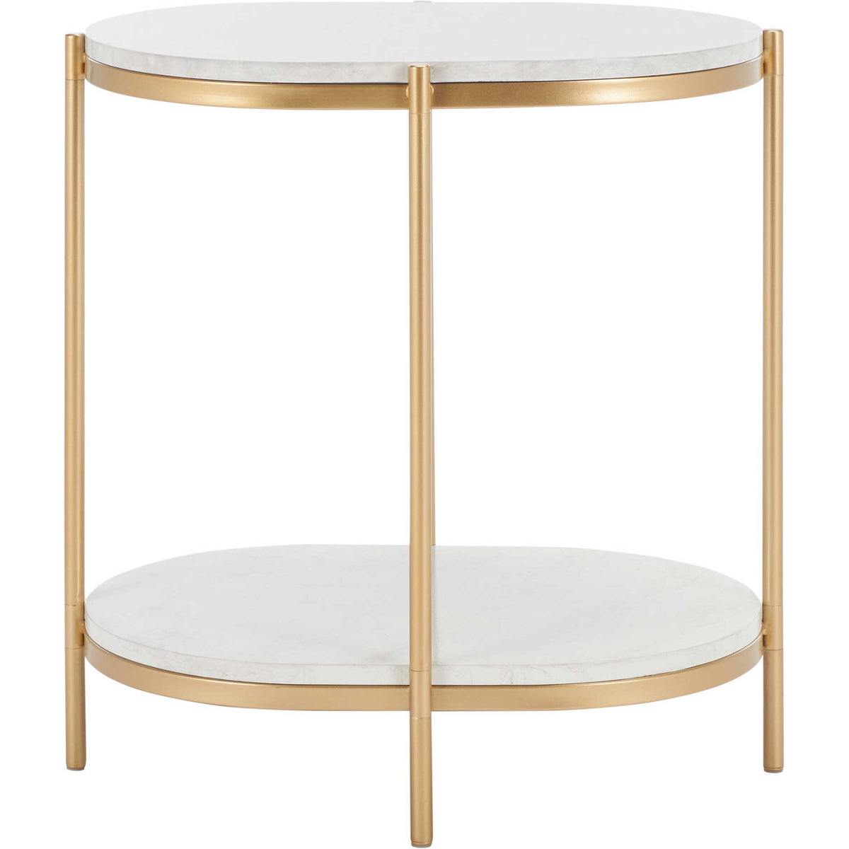 Two-tier oval end table with white faux marble shelves and a slim gold metal frame for chic storage. || ACC2501A || front_studio