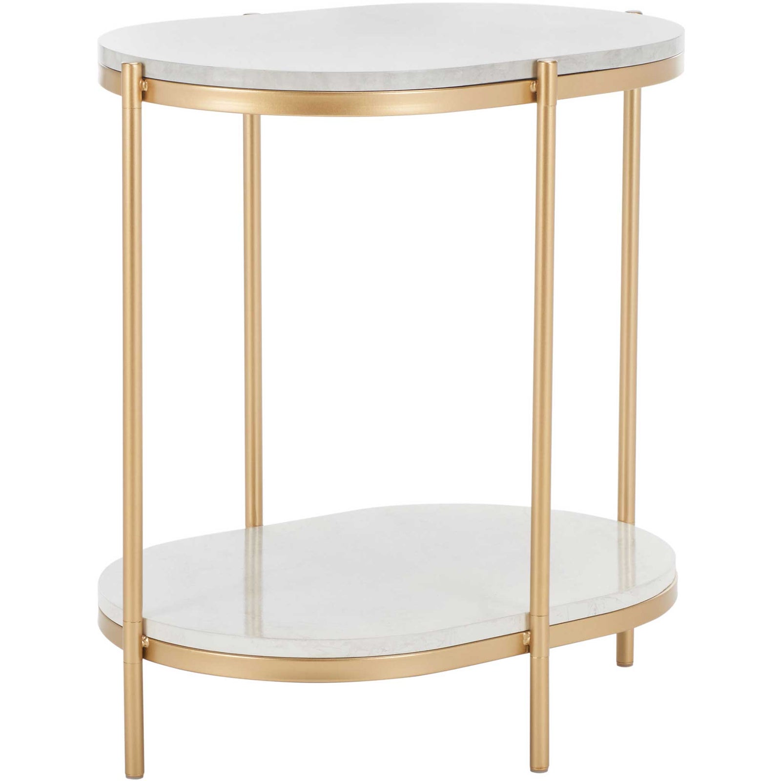 Two-tier oval end table with white faux marble shelves and a slim gold metal frame for chic storage. || ACC2501A || front_studio