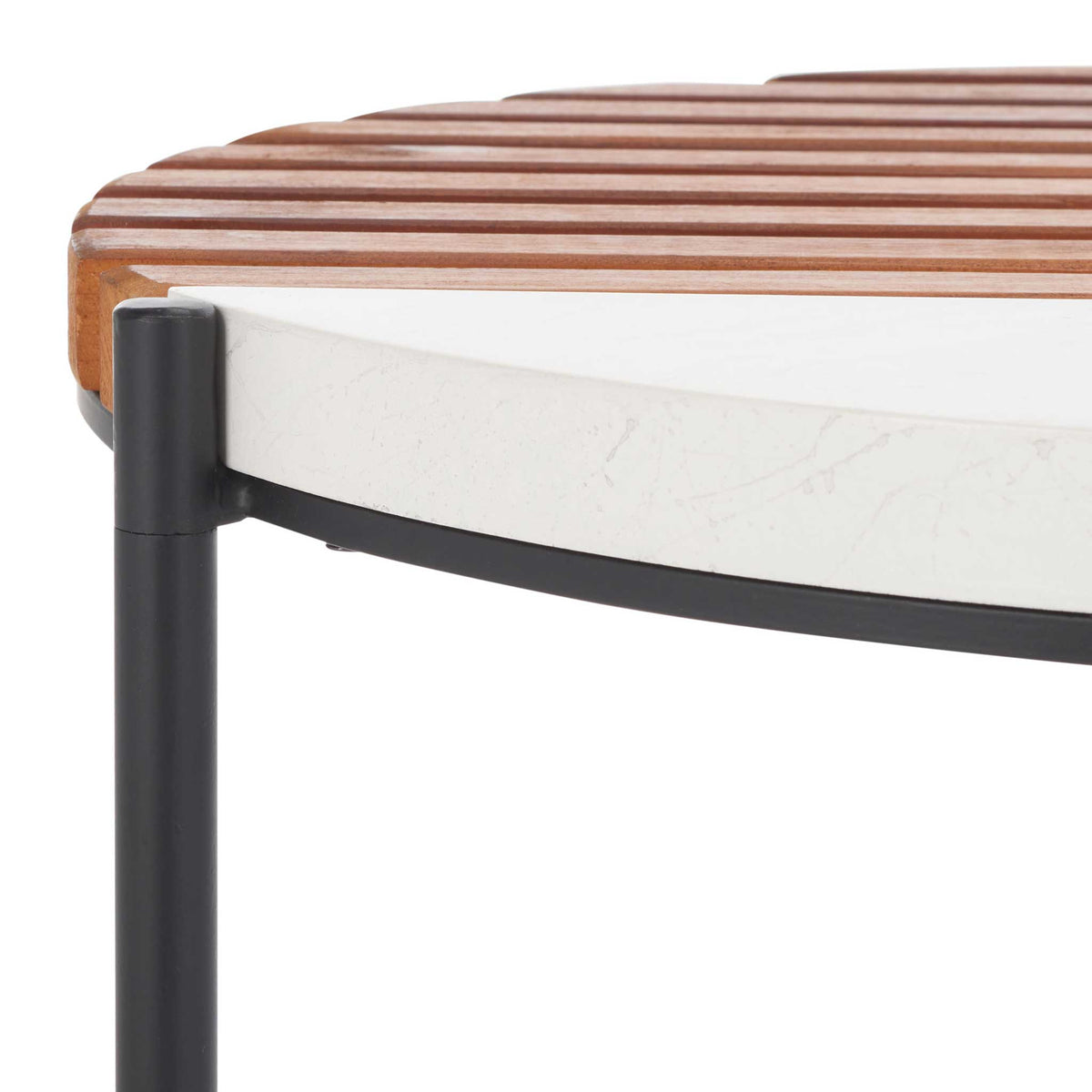 Seamless junction of veined faux marble and smooth wood slats for modern contrast