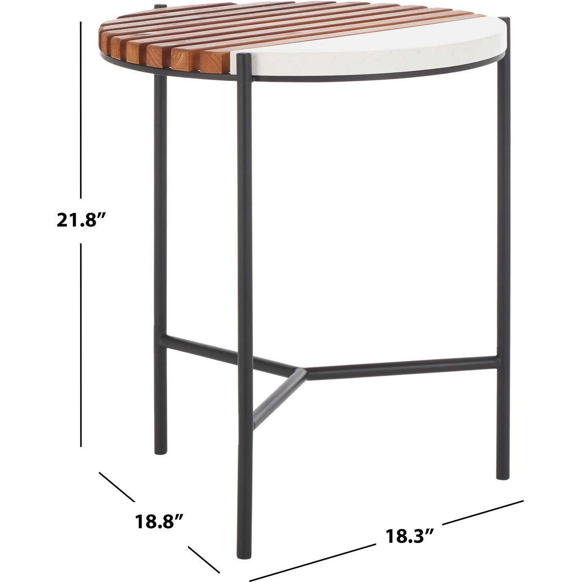 Dimensions shown for the end table with mixed faux marble and wood top