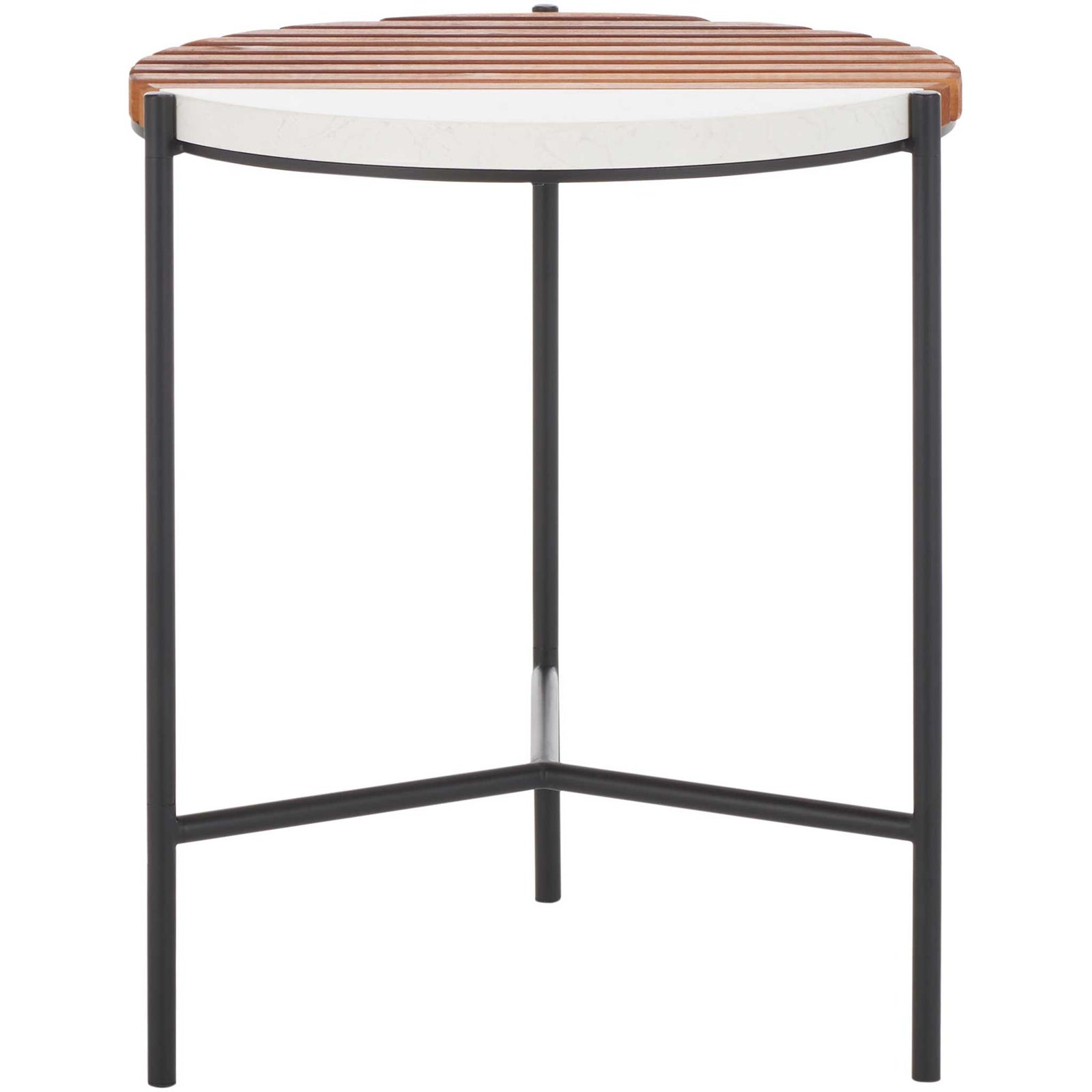Round end table with half faux marble and half slatted wood top on a black metal three-leg base || ACC2502A || front_studio