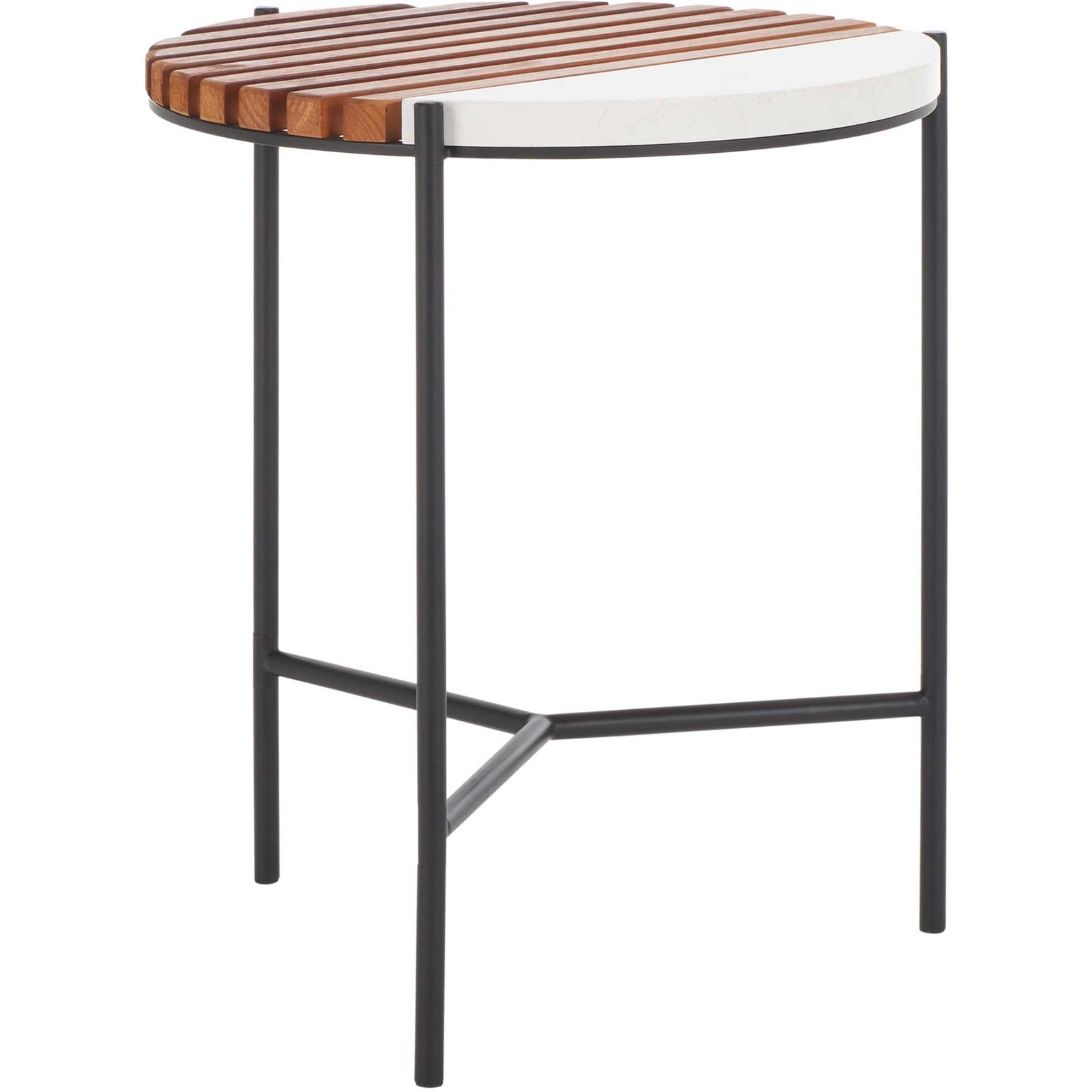 Round end table with half faux marble and half slatted wood top on a black metal three-leg base || ACC2502A || front_studio