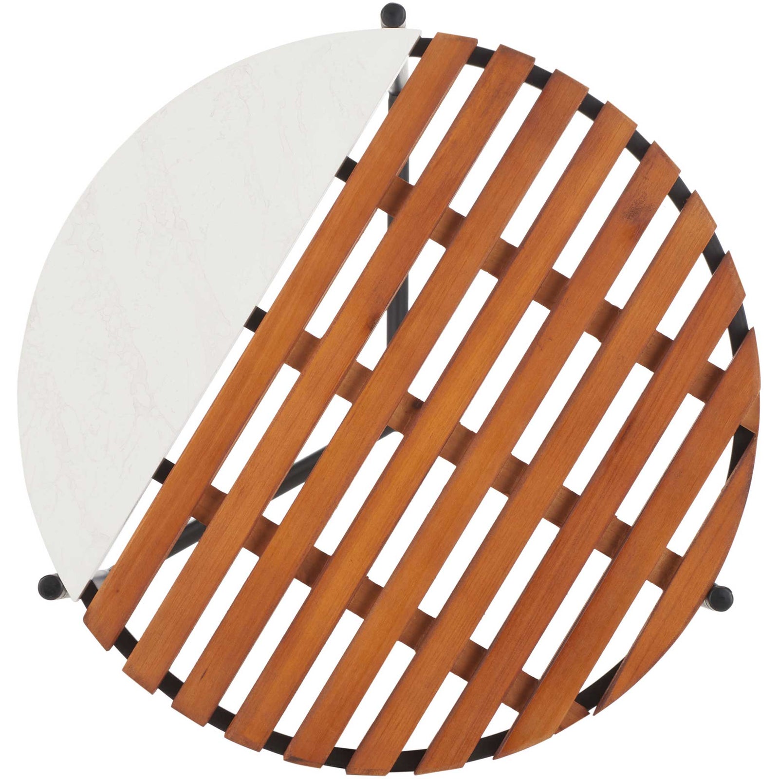 Round tabletop split between veined white faux marble and linear slatted wood || ACC2502A || top_studio