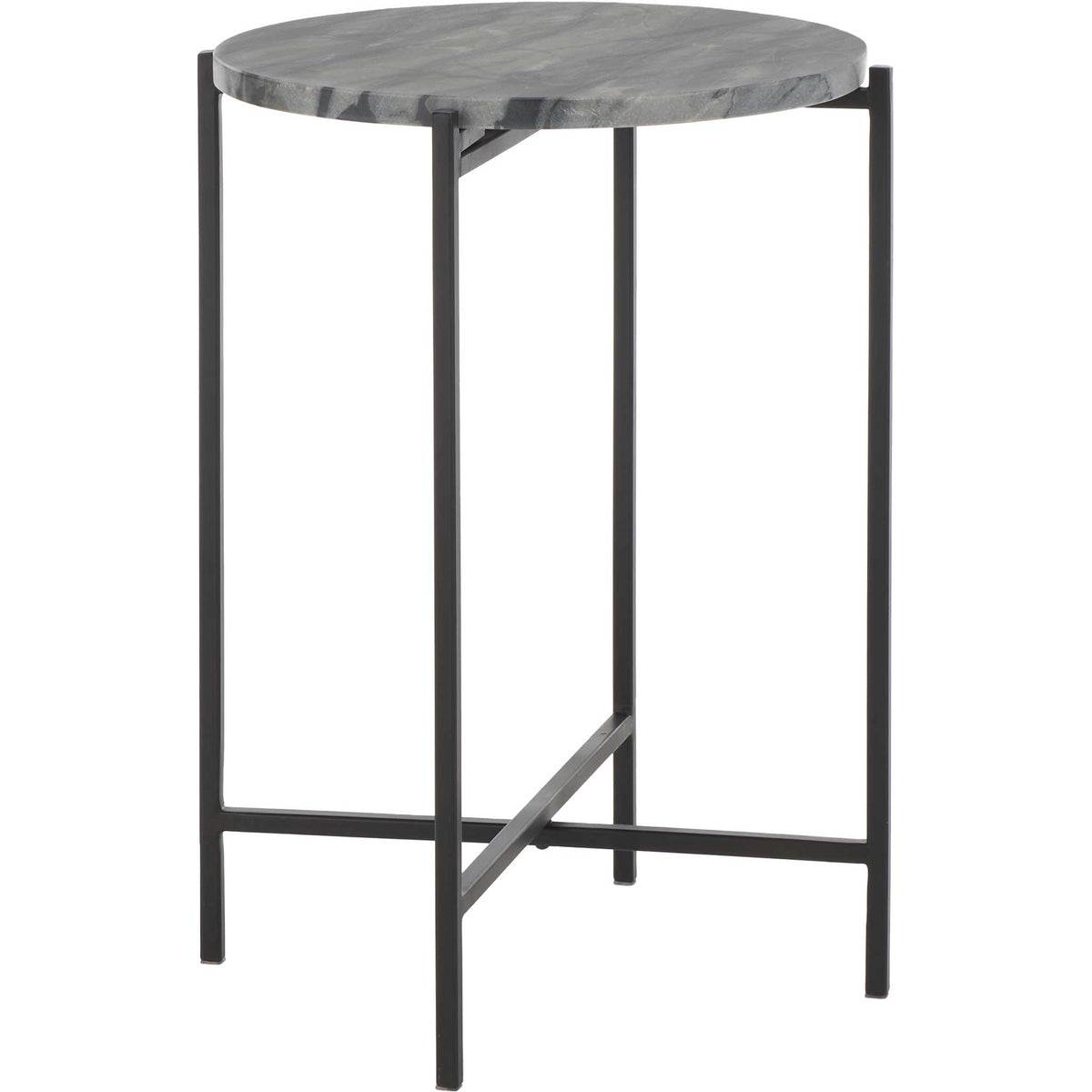 Slim open frame supports a round marble top with rich charcoal veining || ACC4604A || front_angle_studio