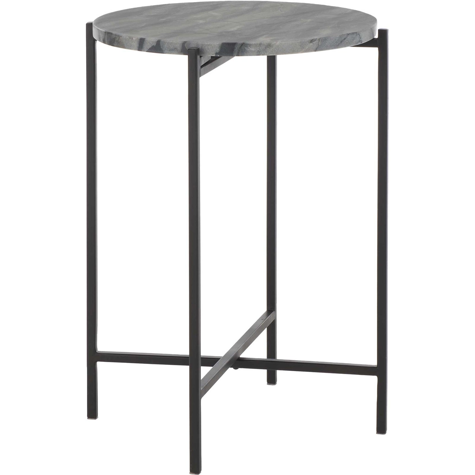Slim open frame supports a round marble top with rich charcoal veining || ACC4604A || front_angle_studio