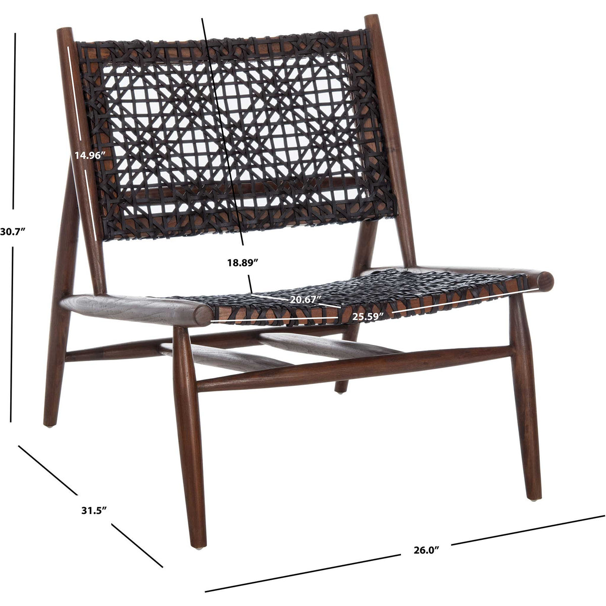 This brown wood chair spans about 26 inches wide by 31.5 inches deep, with a woven leather seat.