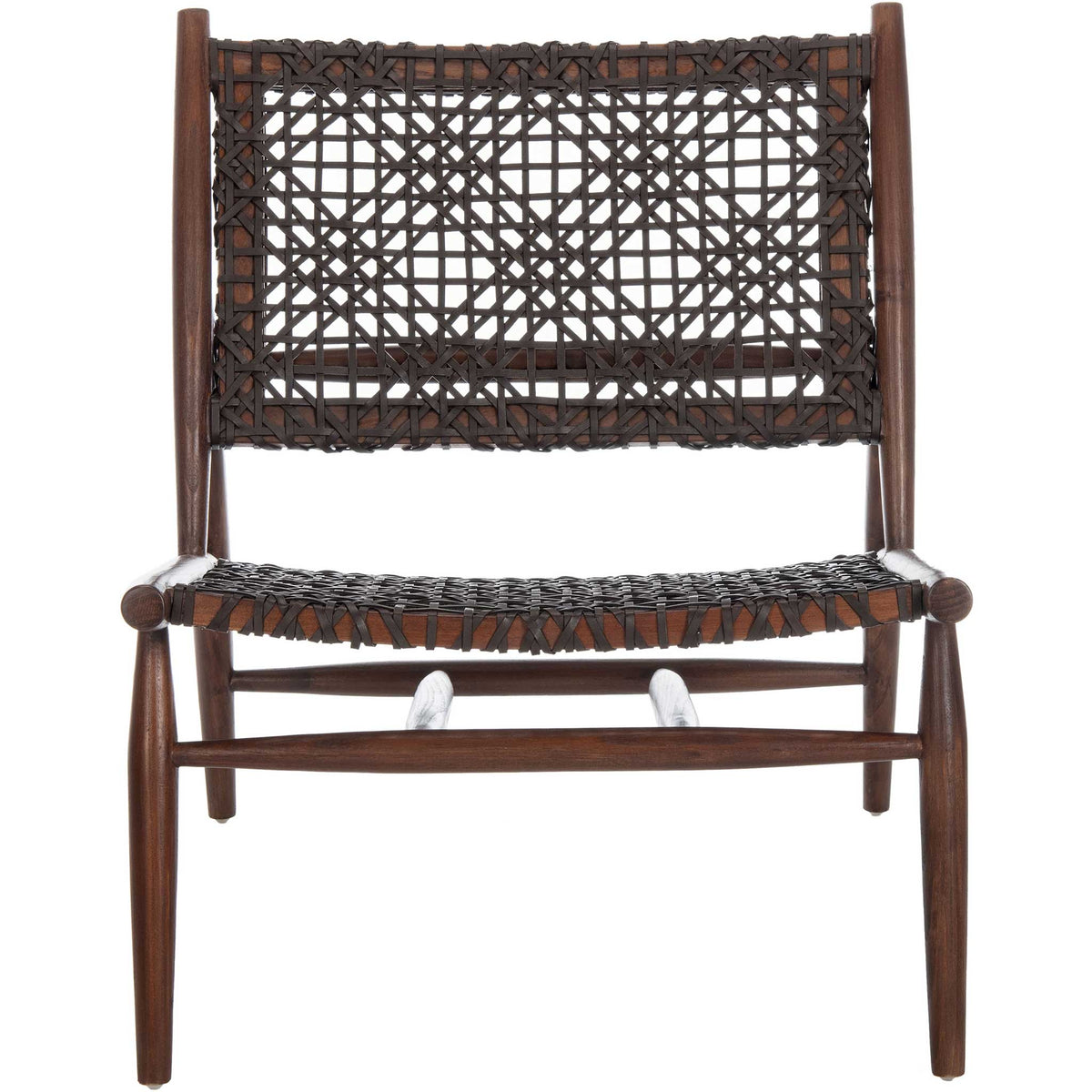 A dark woven leather seat and patterned backrest contrast with the rich brown wood frame. || ACH1000C || front_studio