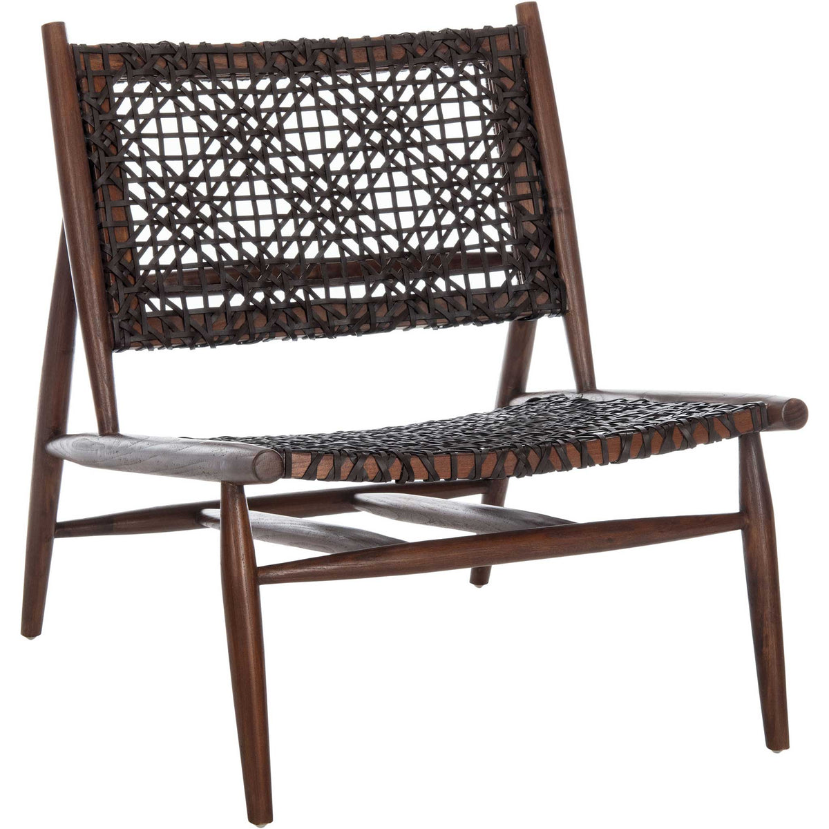 Interlaced dark brown leather lends handcrafted texture to an armless chair with a warm wood frame. || ACH1000C || front_angle_studio