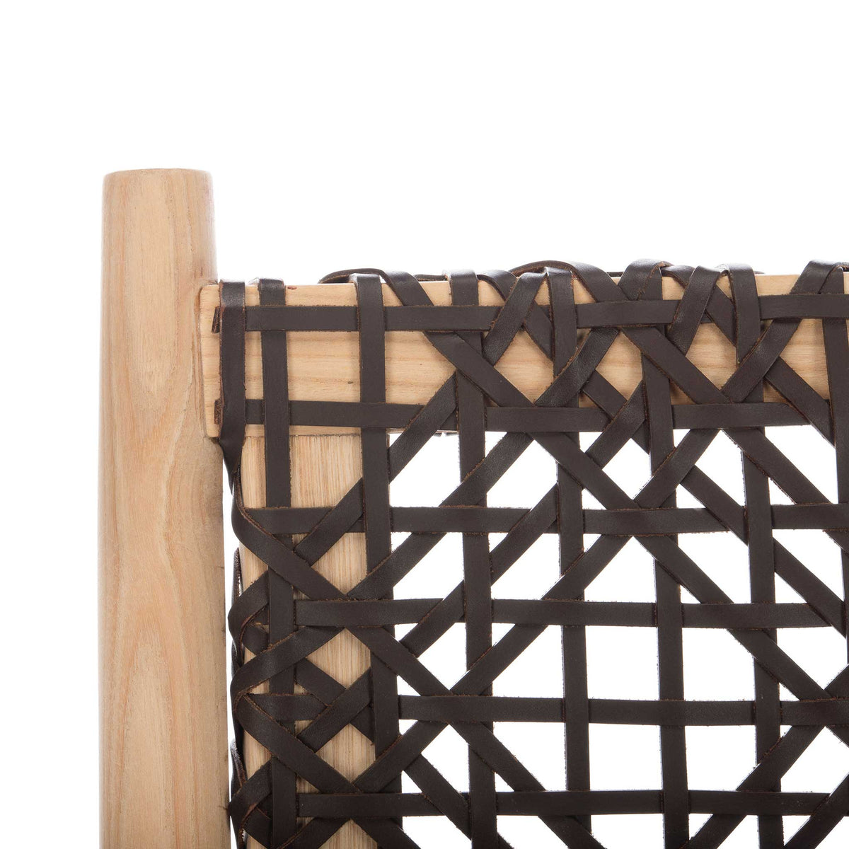 Interlaced dark leather strips wrap a pale wood backrest, creating a bold geometric texture.