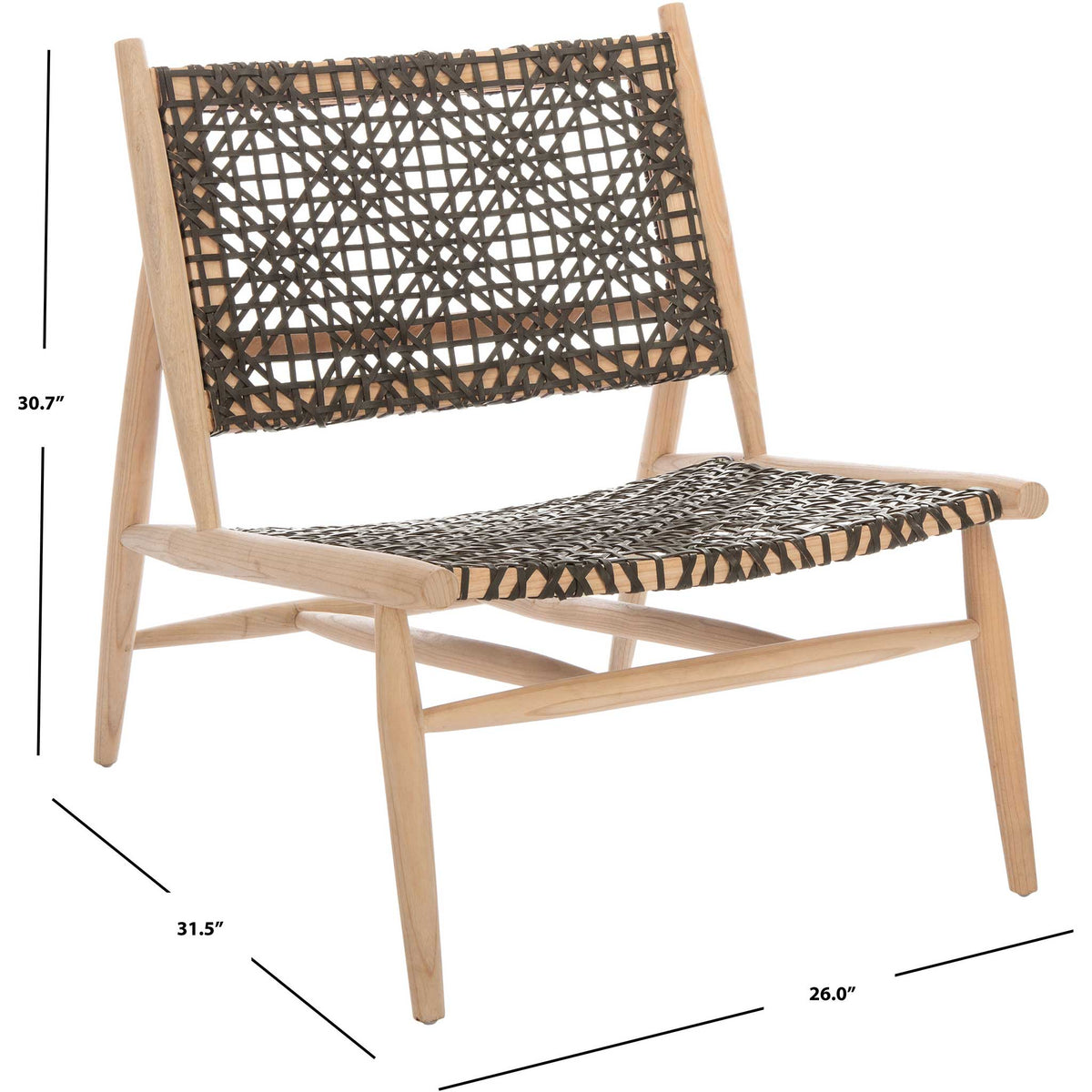 At about 26 inches wide by 31.5 inches deep, this light wood chair offers a low woven leather seat.