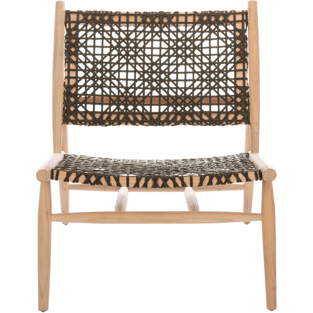 Dark cowhide leather forms a crisscross backrest and seat against a pale natural wood frame. || ACH1000E || front_studio