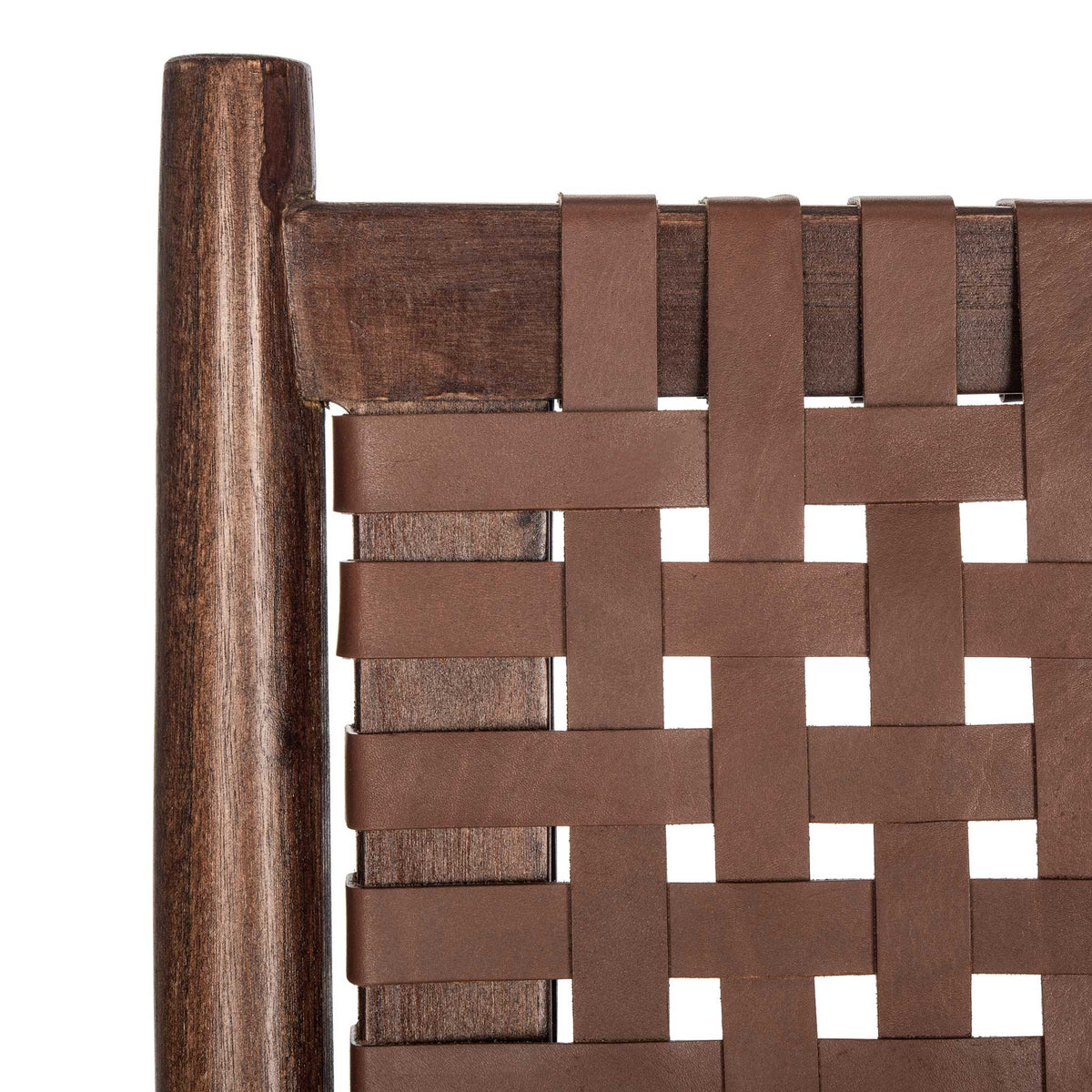 Cognac leather strips crisscross against dark wood for a textured, open-weave backrest