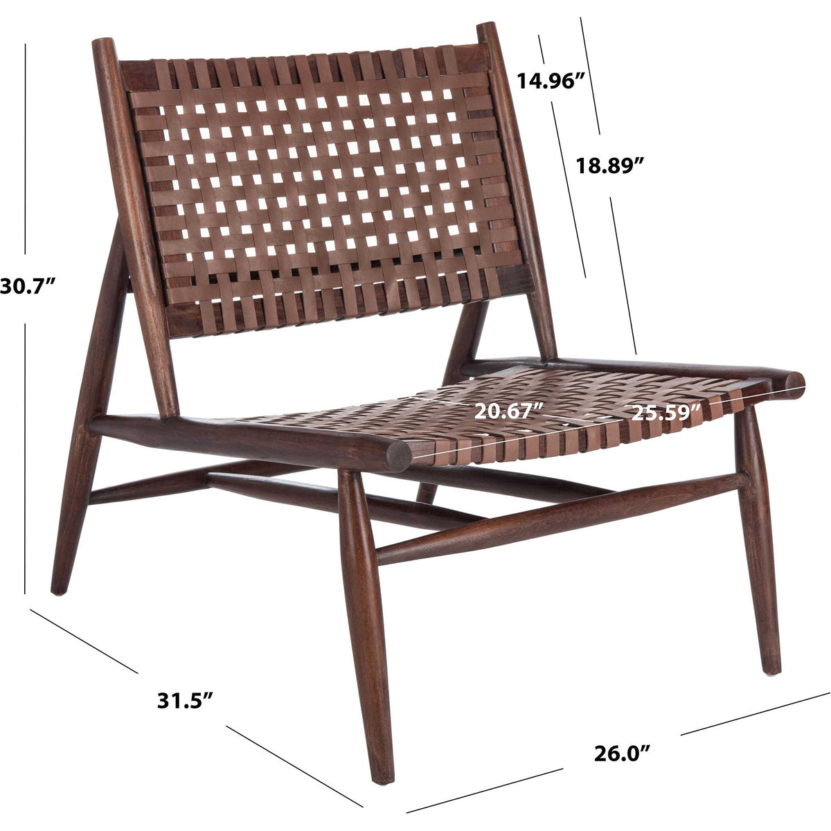 A 30.7-inch-high chair holds a generous woven leather seat above tapered dark wood legs
