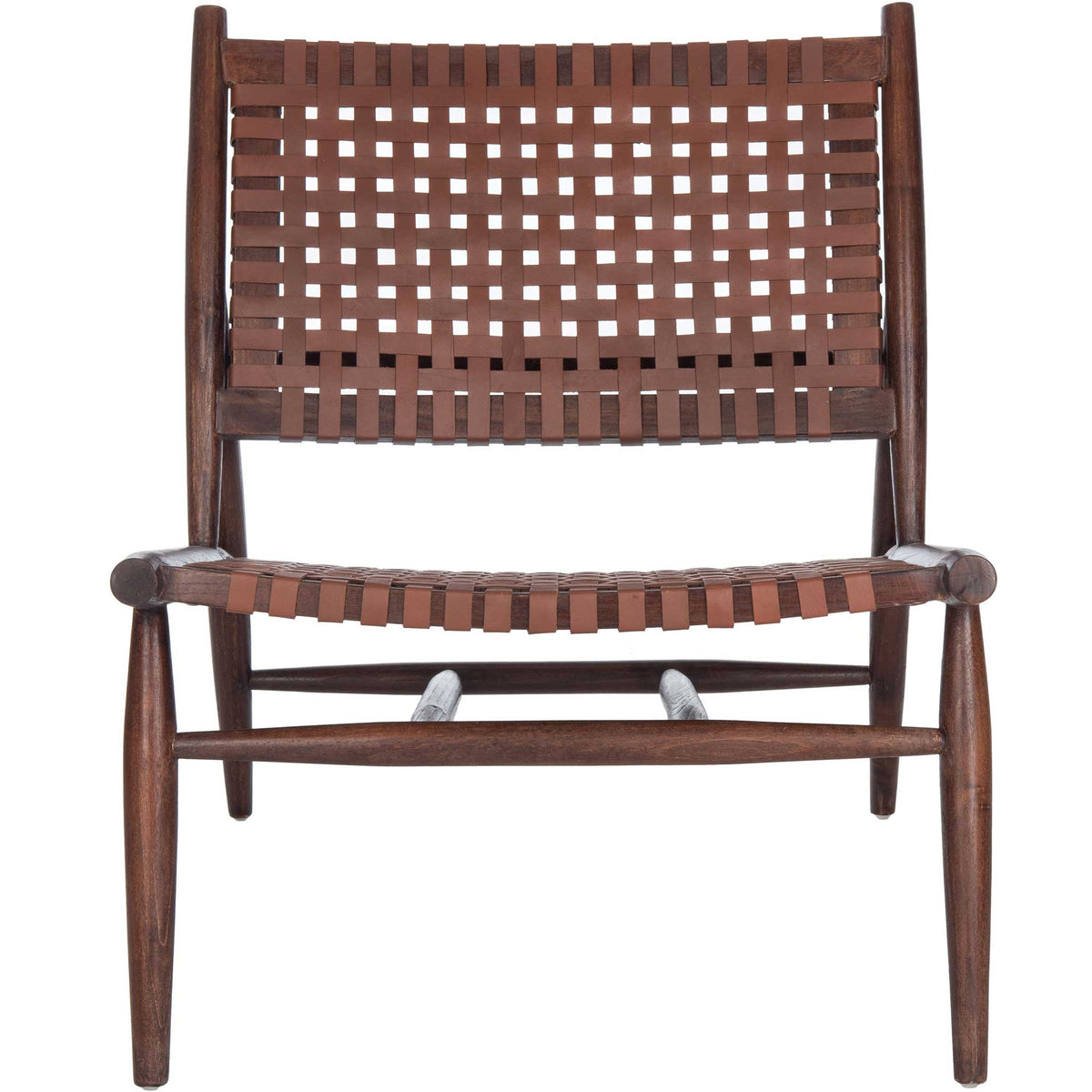 Cognac leather straps weave an open back and broad seat within a dark brown wood frame || ACH1001B || front_studio