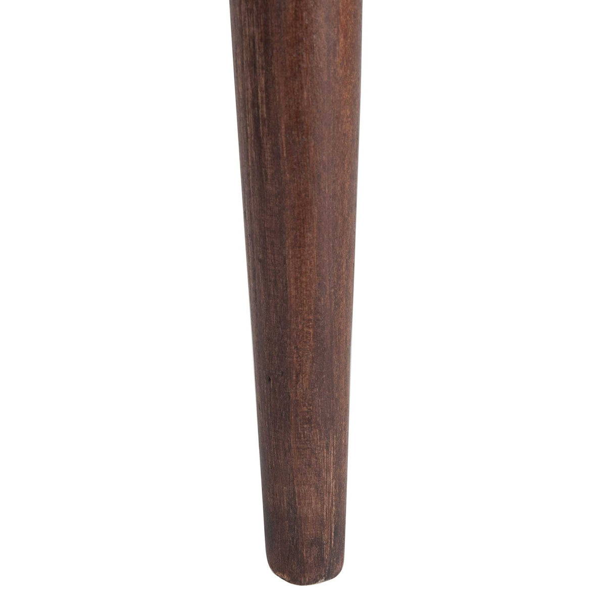 A tapered dark brown wood leg shows subtle grain and a softly rounded foot