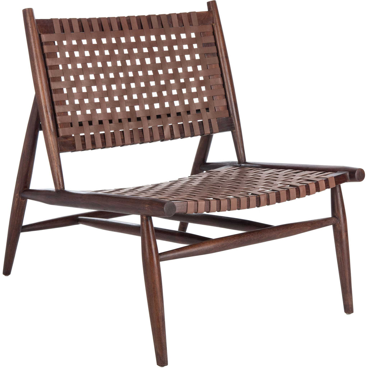 Warm leather and dark wood give this low lounge chair a cozy, crafted look || ACH1001B || front_angle_studio