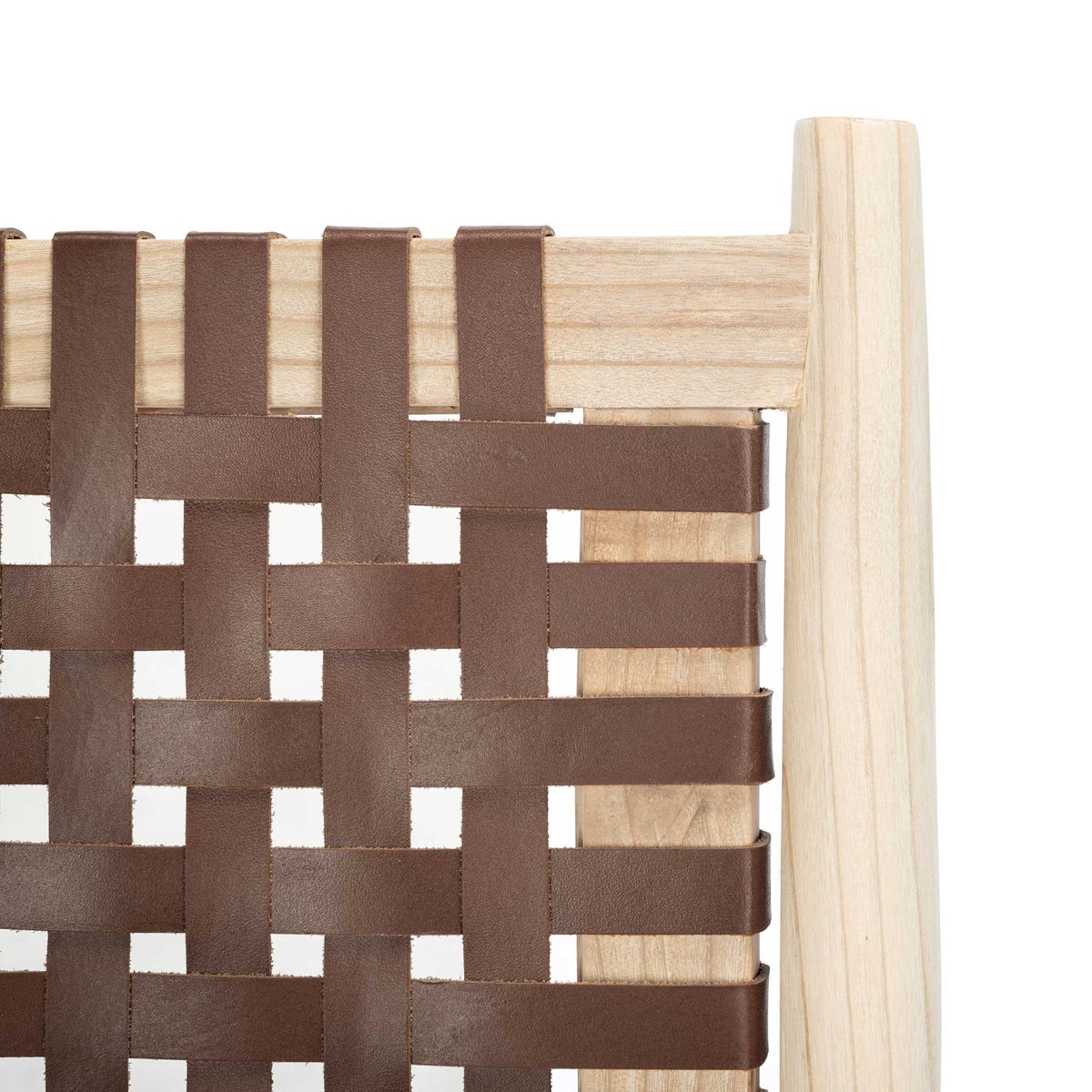 Cognac leather strips interlace across a pale wood backrest for rich, airy texture