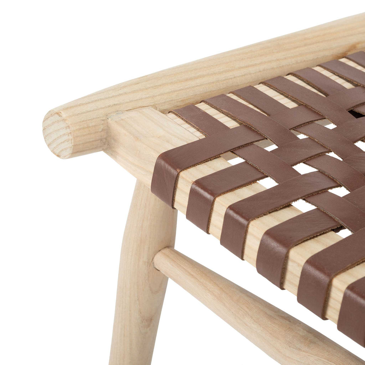 Leather straps wrap around the natural wood seat frame for a neat, handcrafted finish