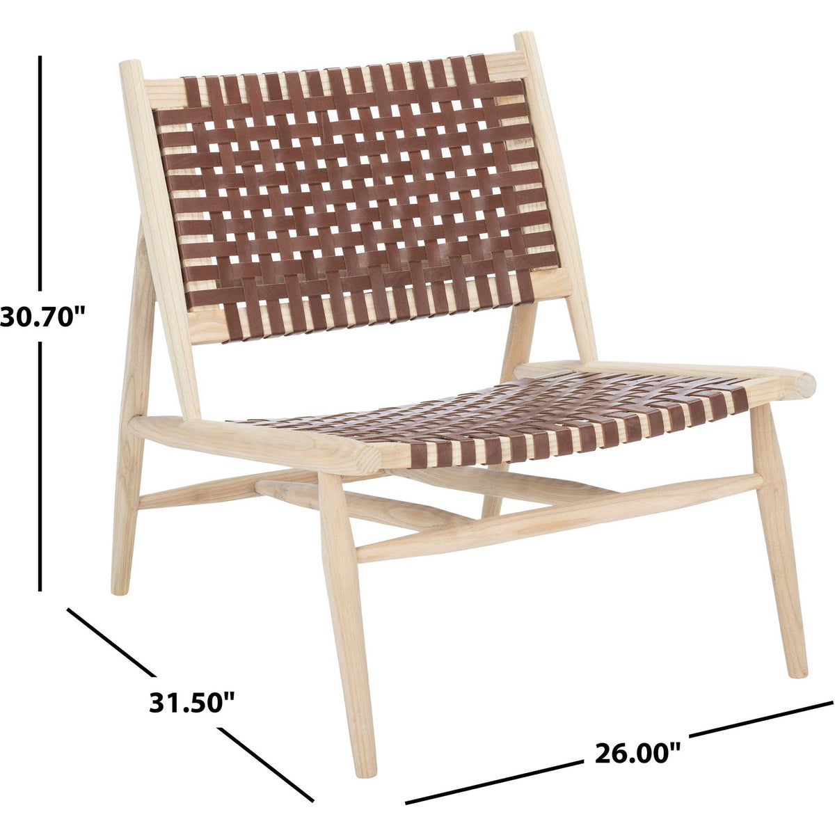 A 30.7-inch-high chair combines a generous cognac leather weave with pale wood legs