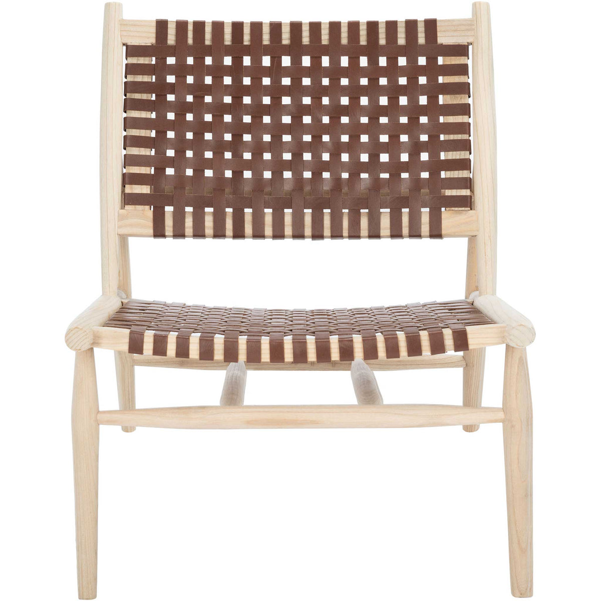 Cognac leather lattice brings airy texture to a wide seat and back framed in pale wood || ACH1001E || front_studio