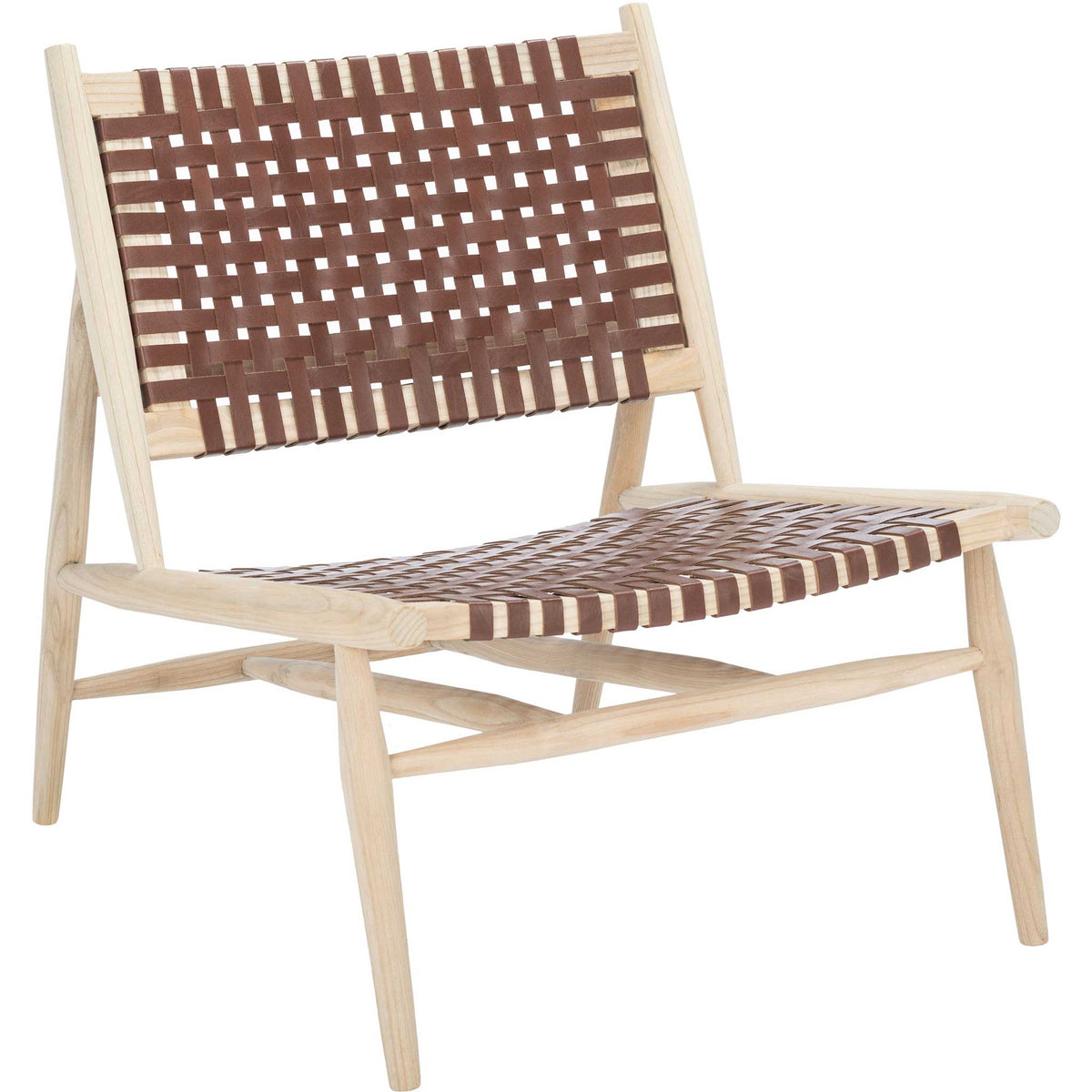 Warm woven leather and natural wood pair in a relaxed chair with a generous open seat || ACH1001E || front_angle_studio