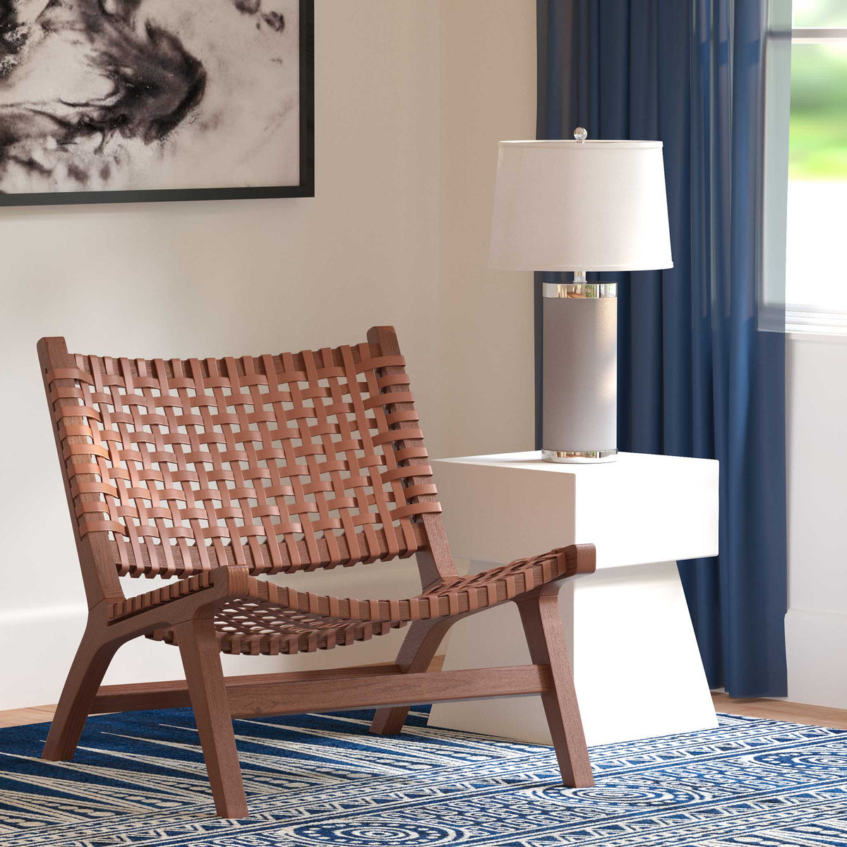 Luke Leather Woven Accent Chair Cognac/Brown