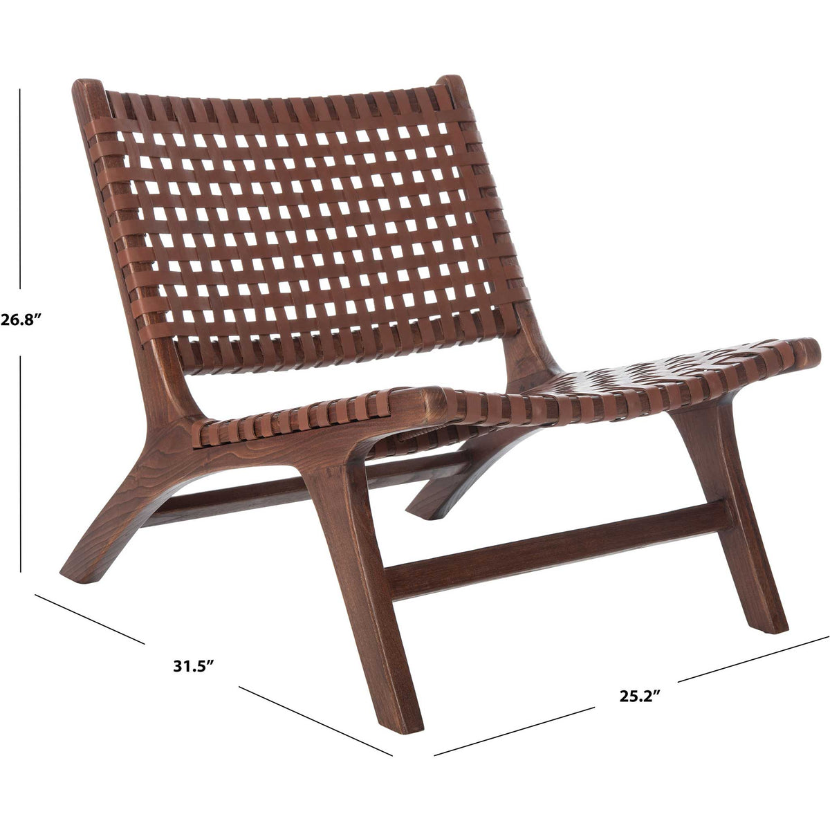 At 31.5 inches wide and 26.8 inches high, this low chair combines woven leather with wood.