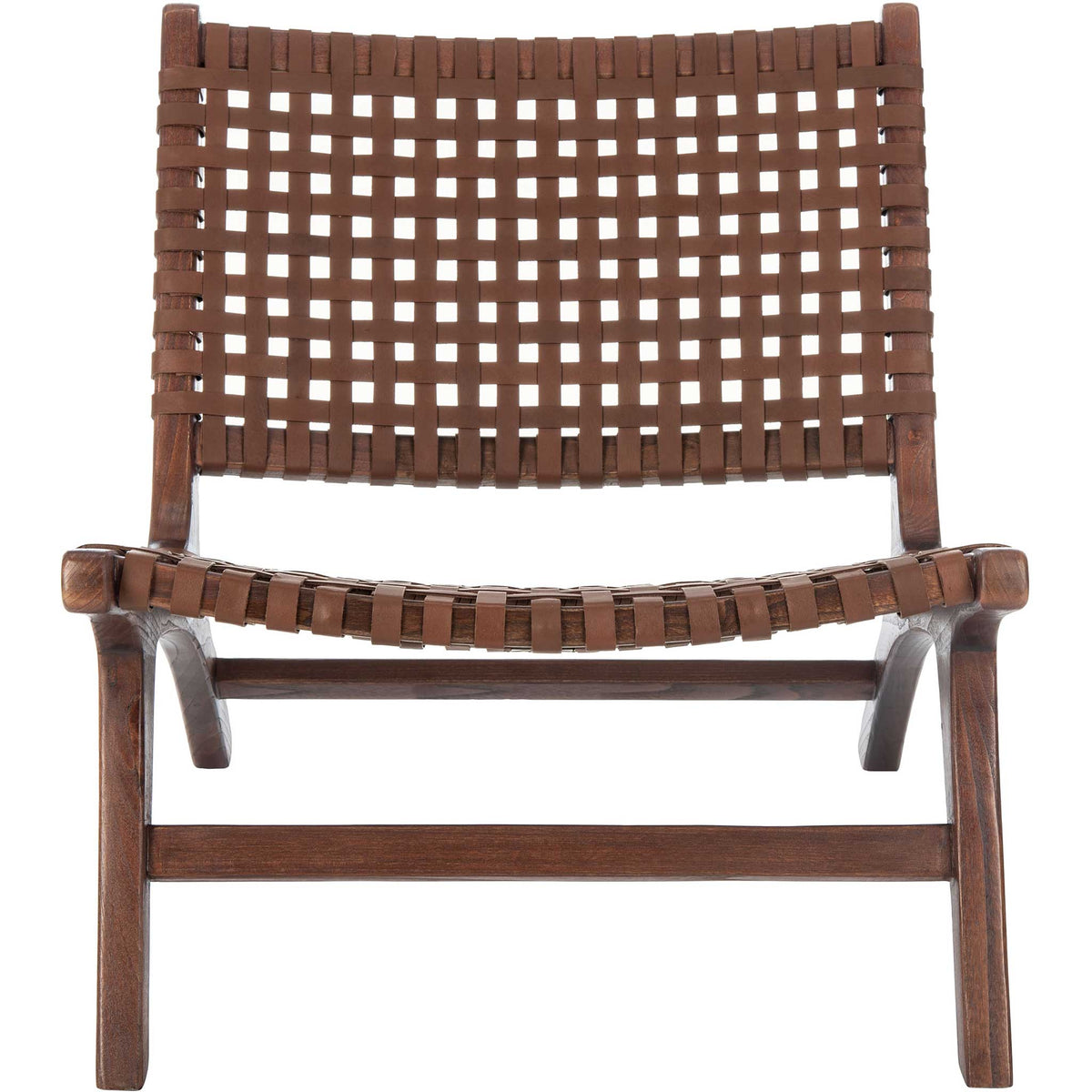 Warm cognac leather forms an airy weave across the broad back and gently curved seat. || ACH1002B || front_studio