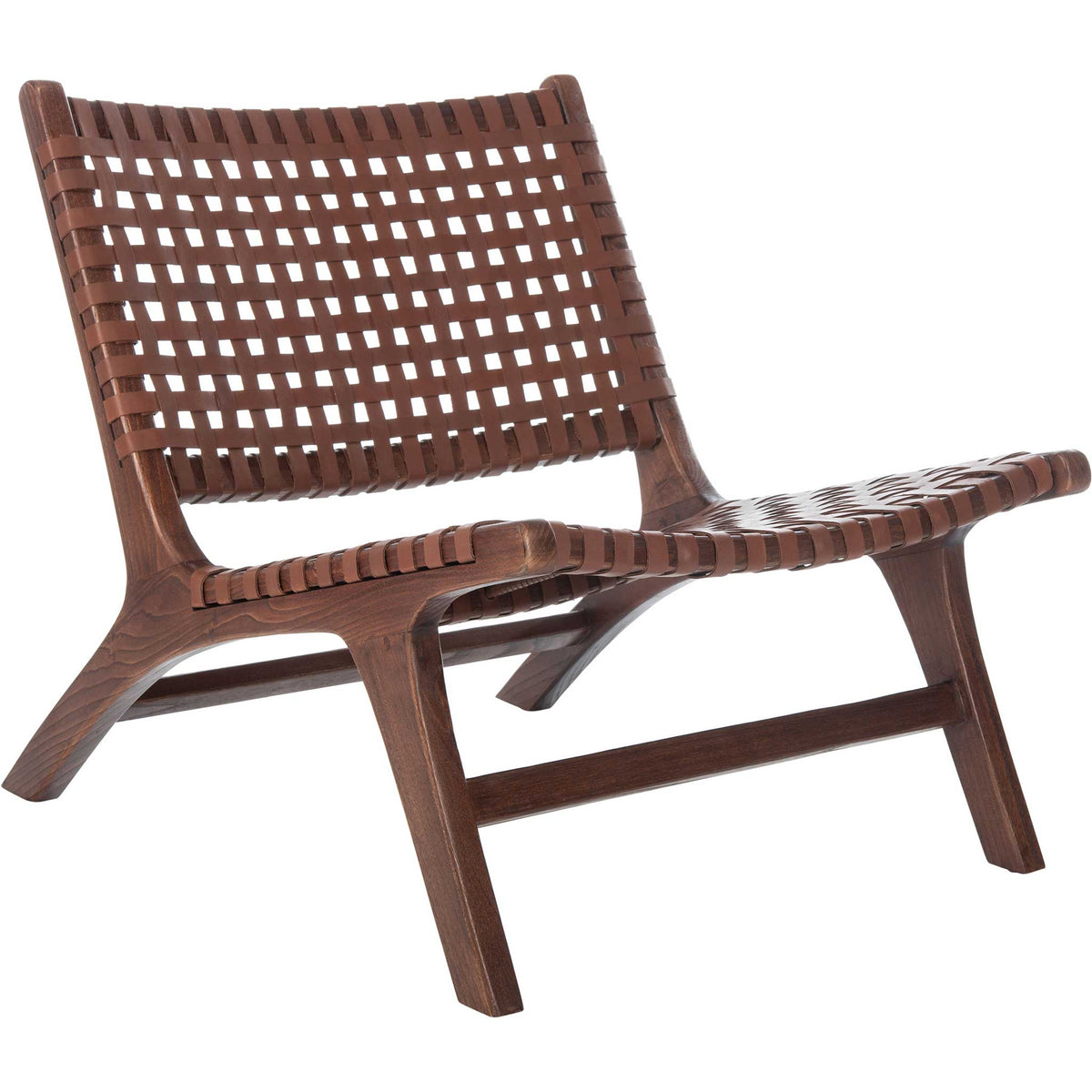Cognac leather webbing wraps a low-slung brown wood frame with boldly splayed legs. || ACH1002B || front_angle_studio