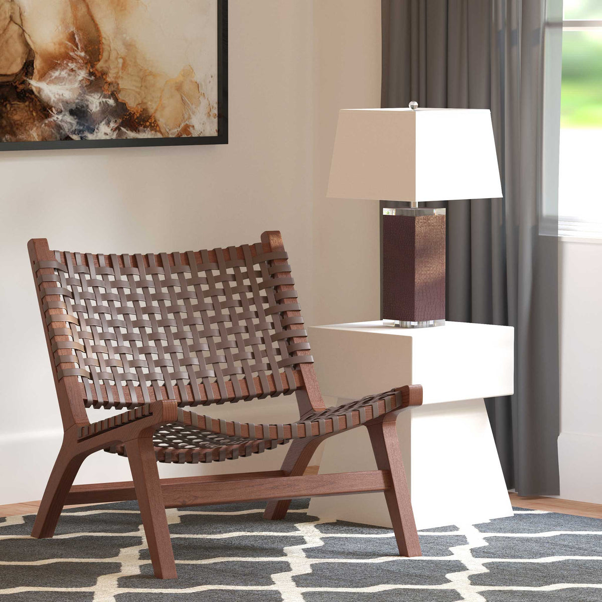 Luke Leather Woven Accent Chair Brown