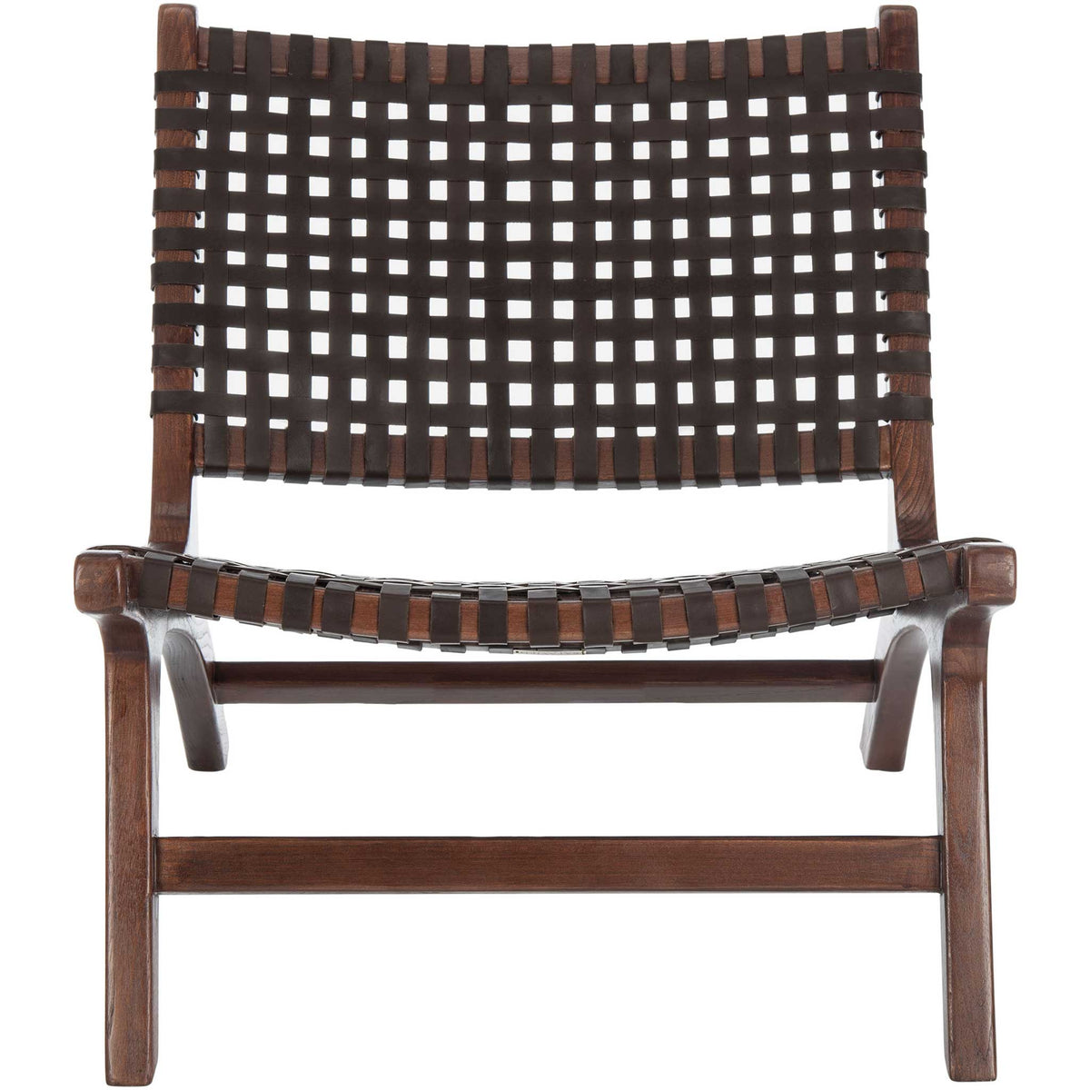 Deep brown leather straps create a crisp lattice across the generous back and curved seat. || ACH1002C || front_studio