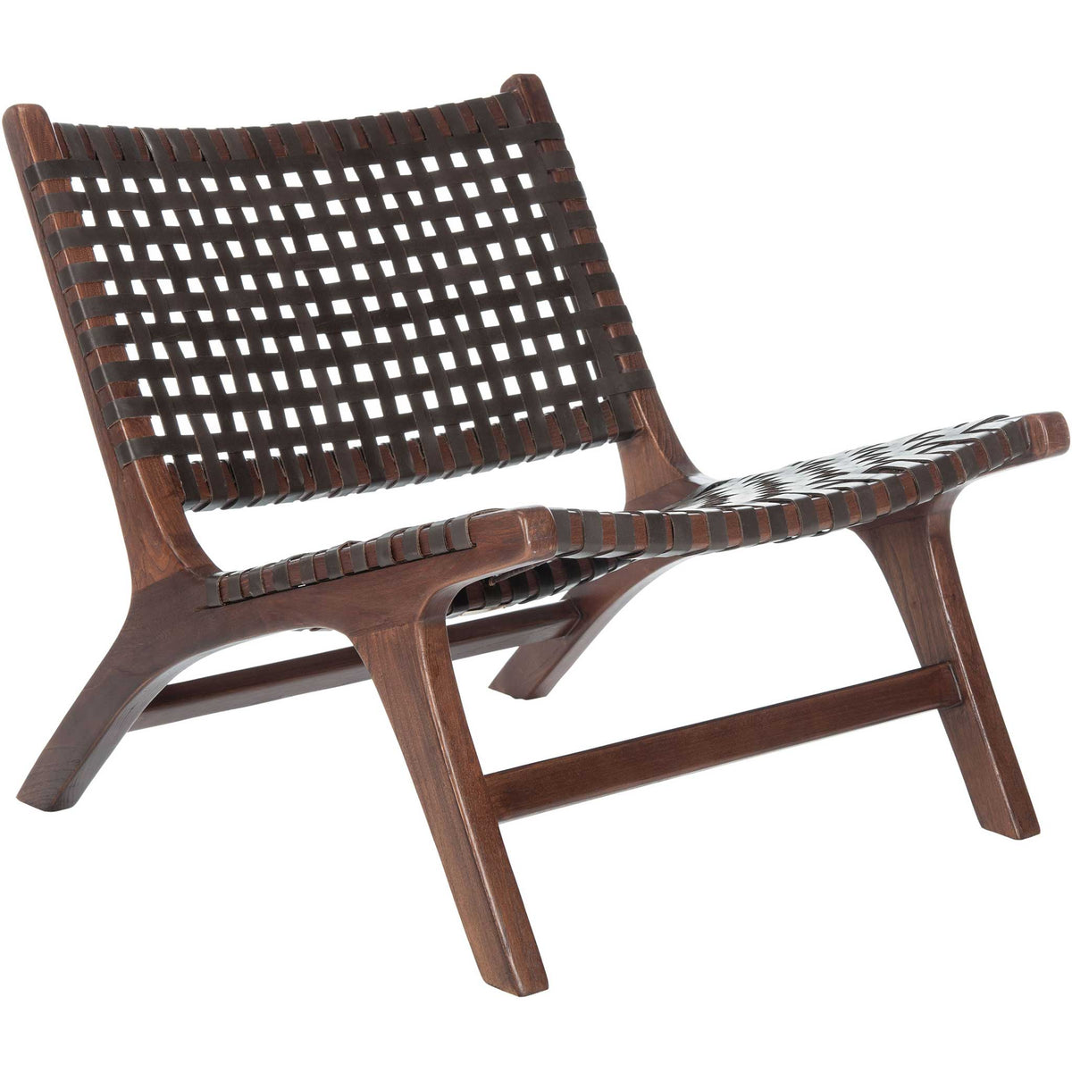 A rich brown wood frame supports a dark leather weave and a gently tilted, open back. || ACH1002C || front_angle_studio