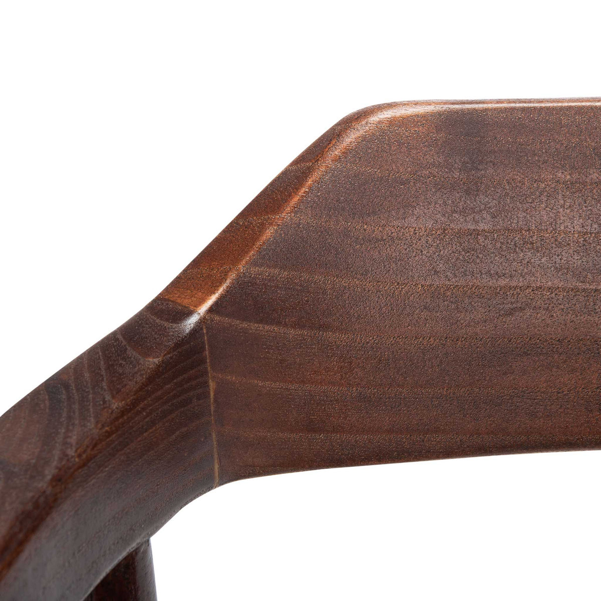 Warm walnut finish highlights the smooth grain and clean joinery of the curved backrest